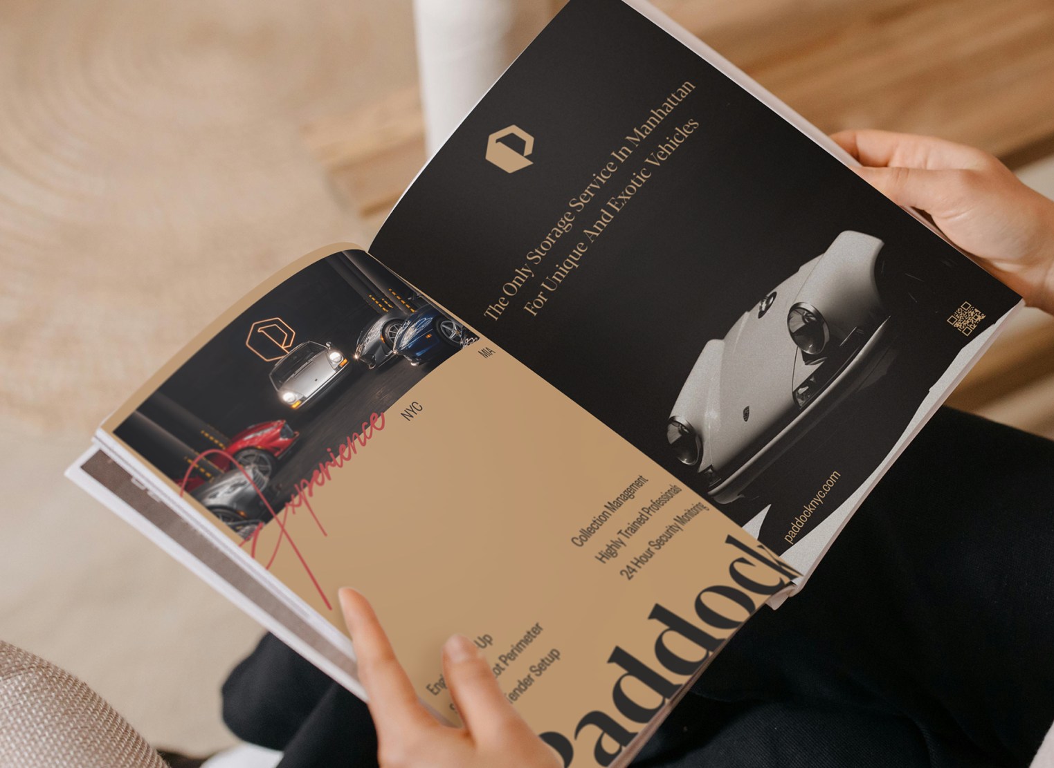 Printed brochure spread designed for Paddock, a Manhattan vehicle storage service
