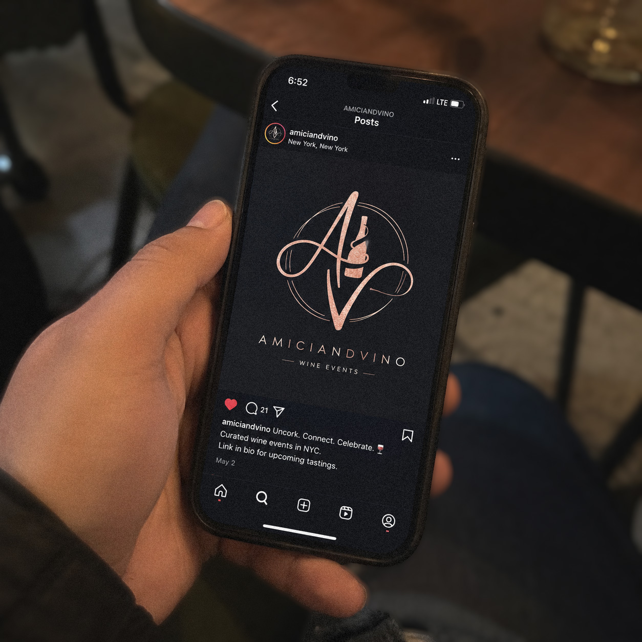 Instagram brand post designed for Amici and Vino wine events, viewed on a phone