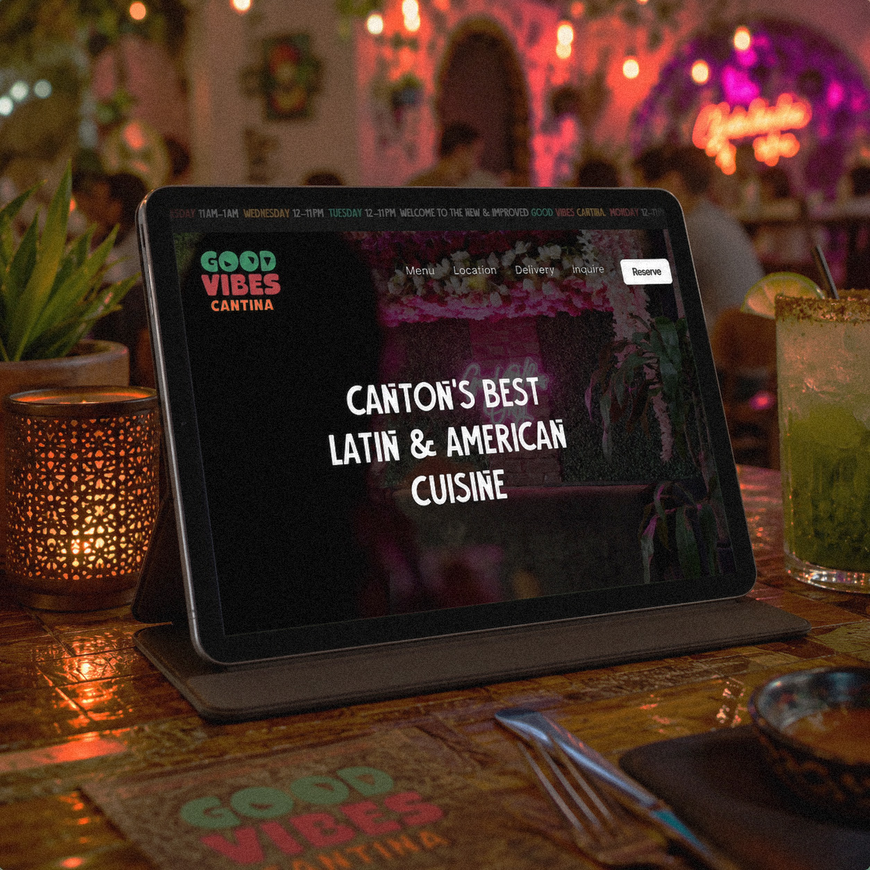 Restaurant website designed for Good Vibes Cantina, shown on a tablet at a table