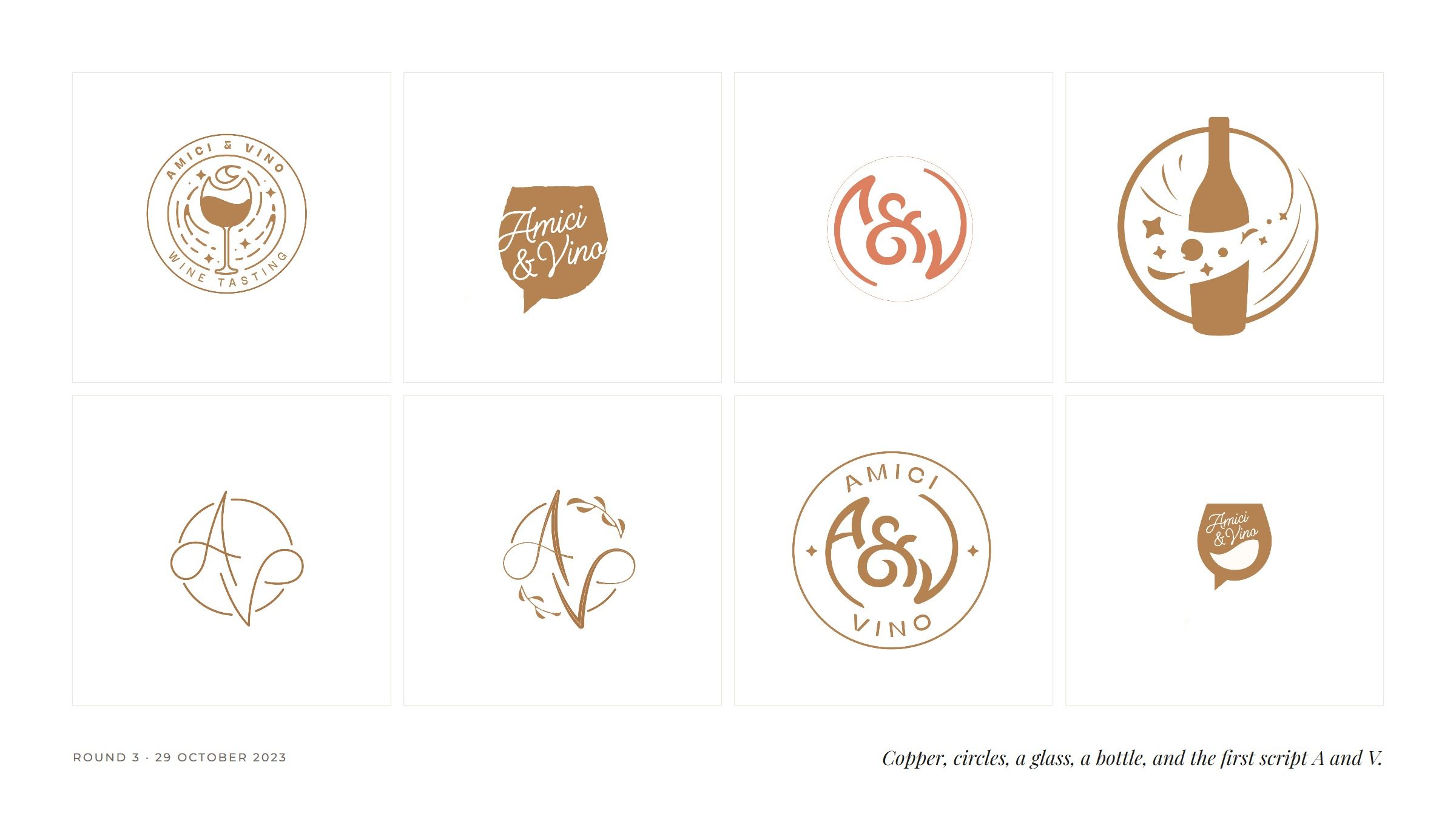 Eight artboards from round three in copper: a wine-tasting seal with a glass, a speech-bubble glass, an ampersand badge, a bottle in a circle, and the first script A and V with vines.