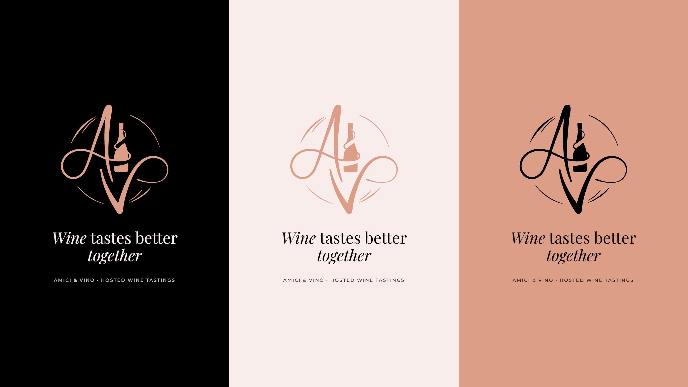 One layout, the monogram above the line Wine tastes better together, on black, on blush and on rose copper.