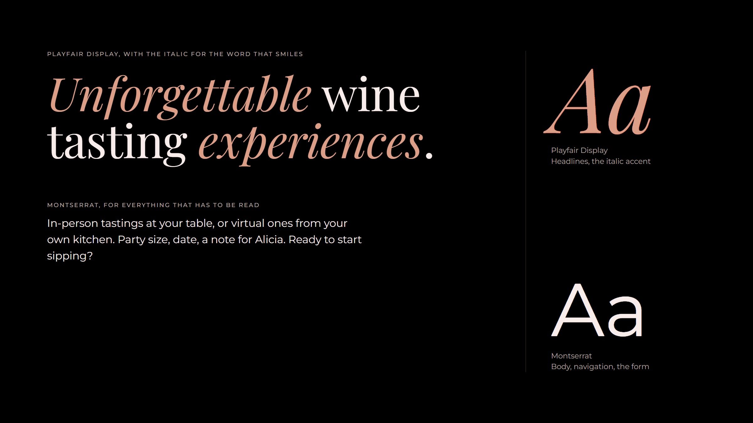 Type in use: Unforgettable wine tasting experiences in Playfair Display, the accent words in rose-copper italic, with Montserrat body text and specimens of both faces.
