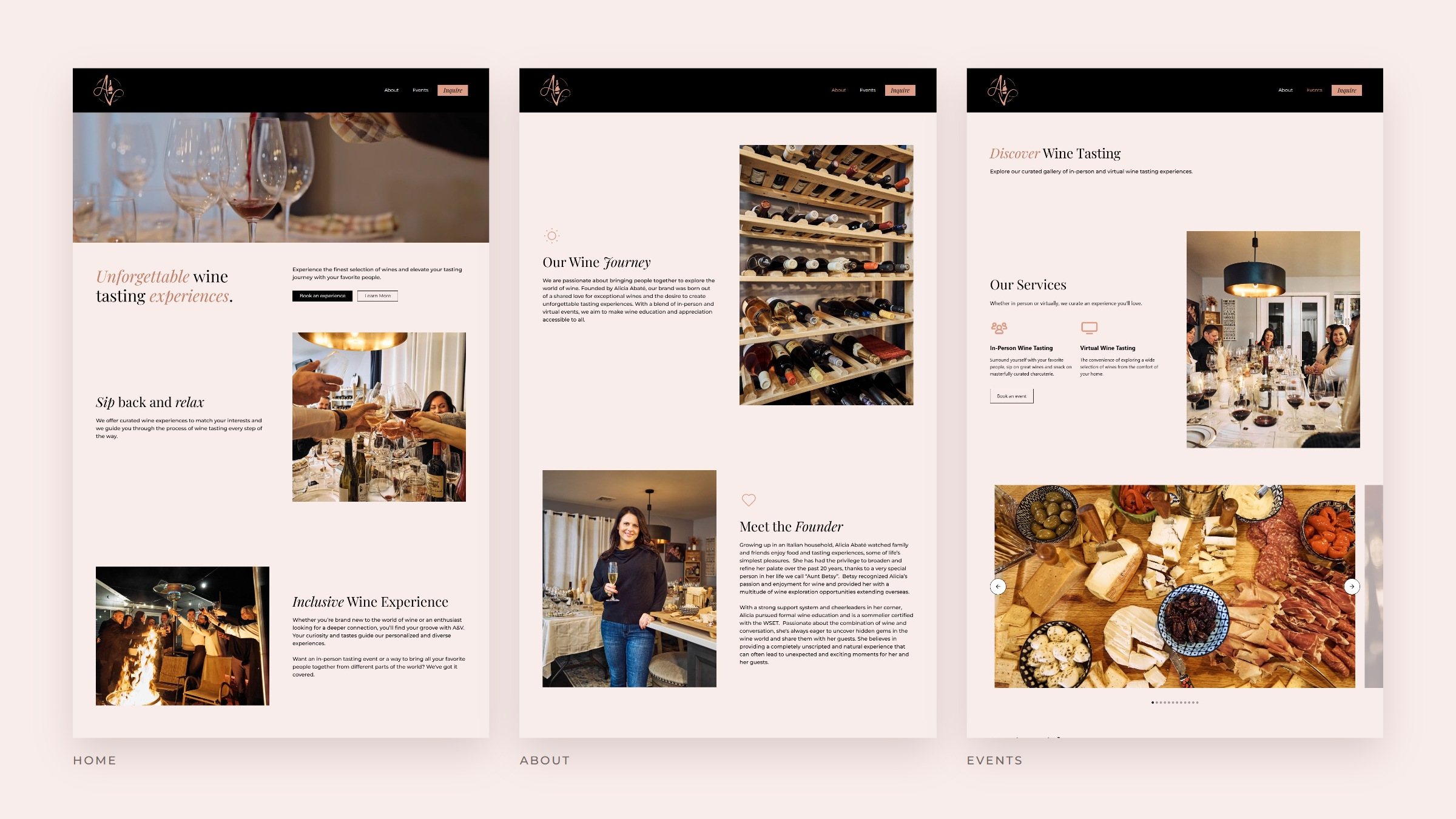 The Home, About and Events pages side by side on blush.