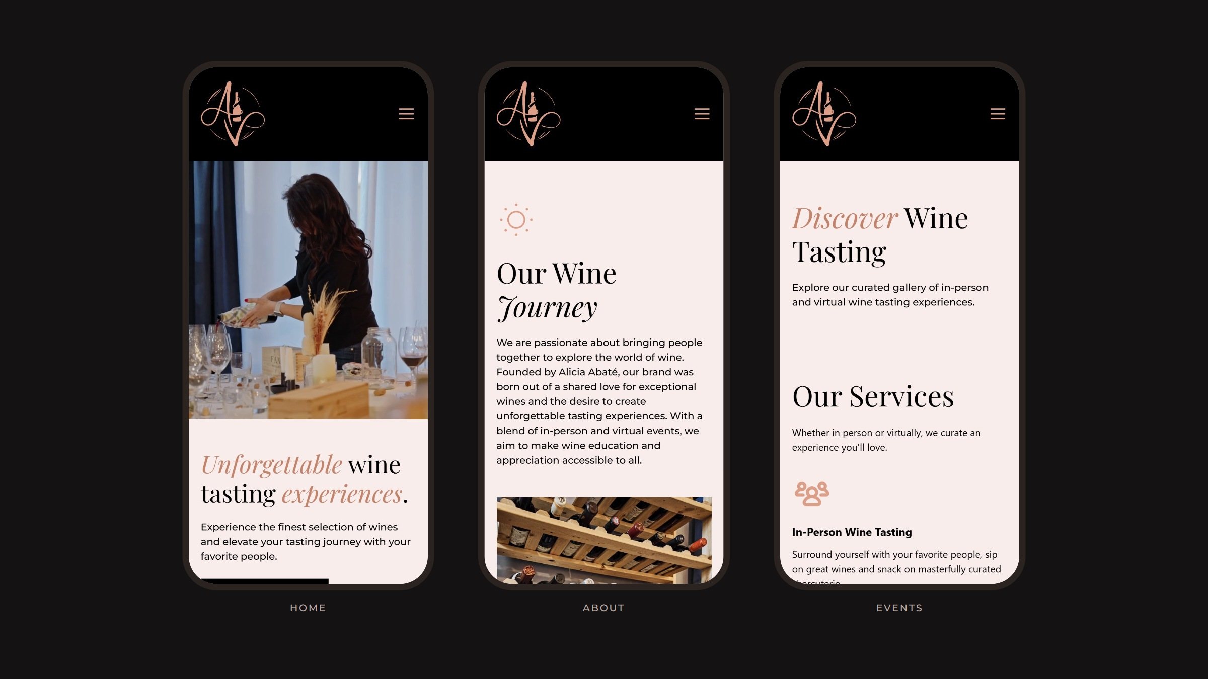 Home, About and Events on phones: the black header with the monogram above the blush pages.