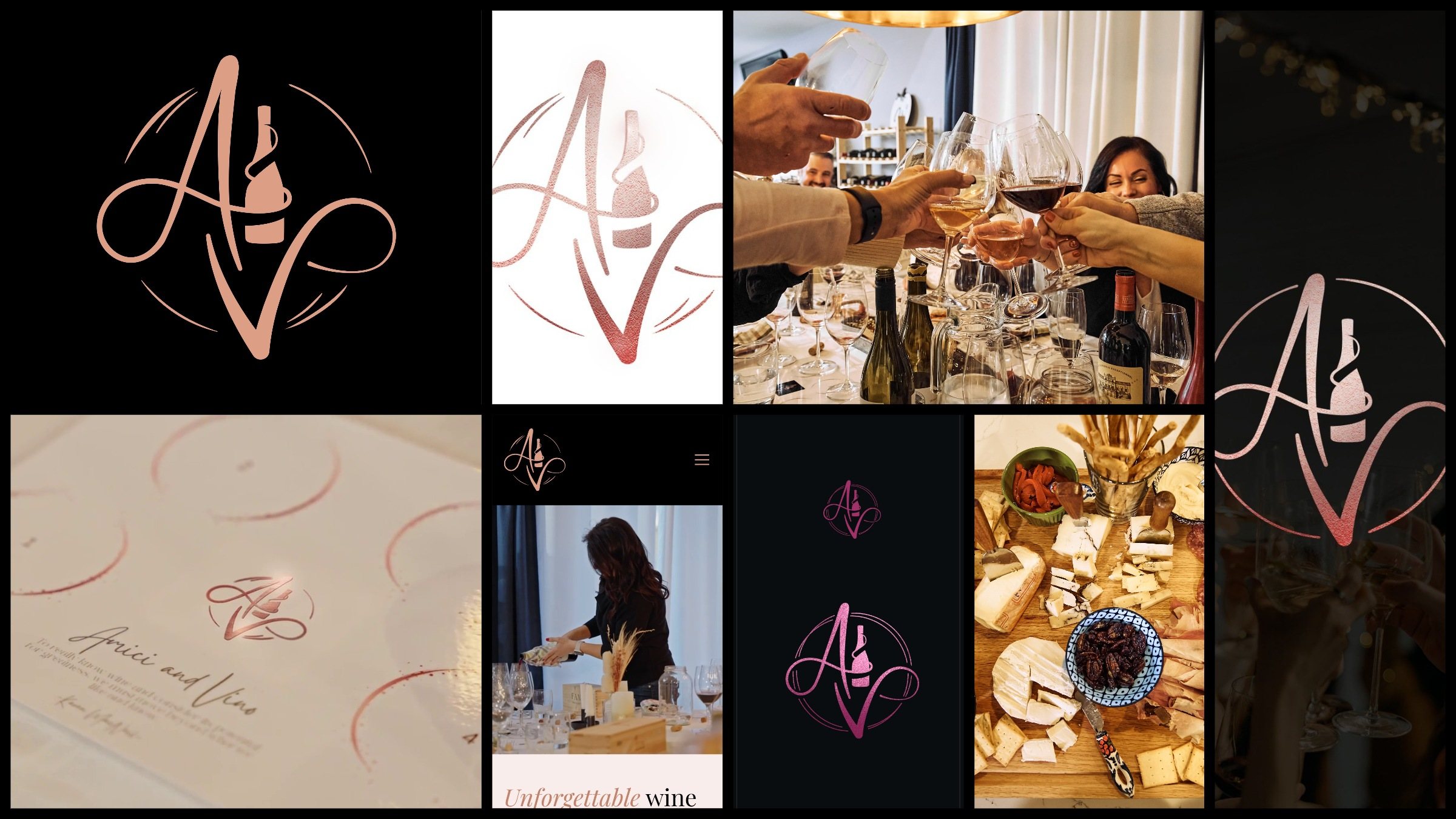 The system at a glance: the monogram on black, the foil monogram, a toast, a story, the tasting placemat, the site on a phone, the foil studies and a charcuterie board.