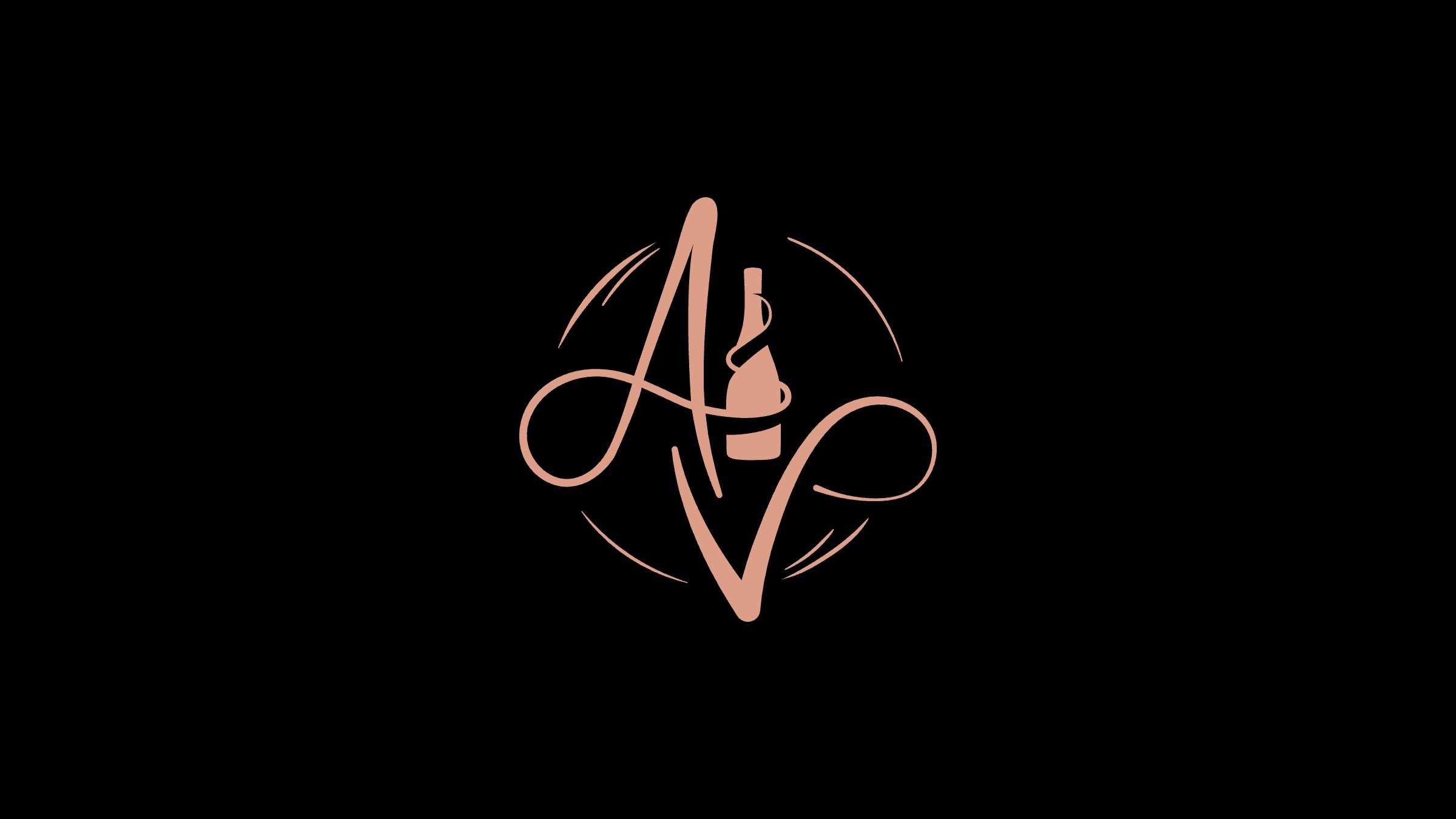 The Amici & Vino monogram in rose copper on black: a script A and V, the A’s crossbar looping round a wine bottle, inside an open circle of arcs