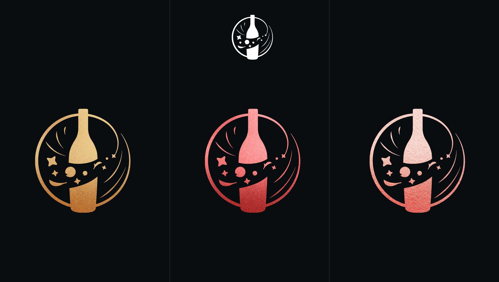 Three bottle badges on black in gold, magenta and rose foil.