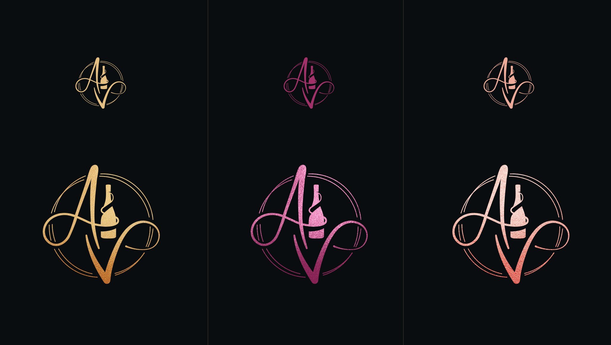 The monogram on black in gold, magenta and rose foil, large and small.