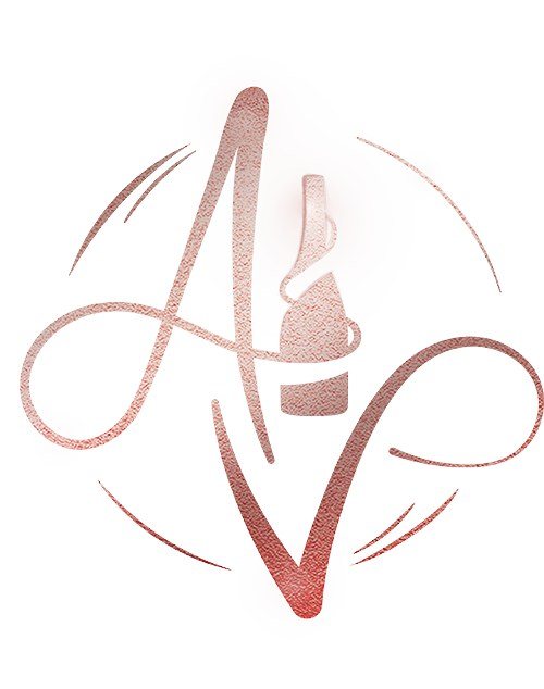 The monogram in textured rose-copper foil on white.