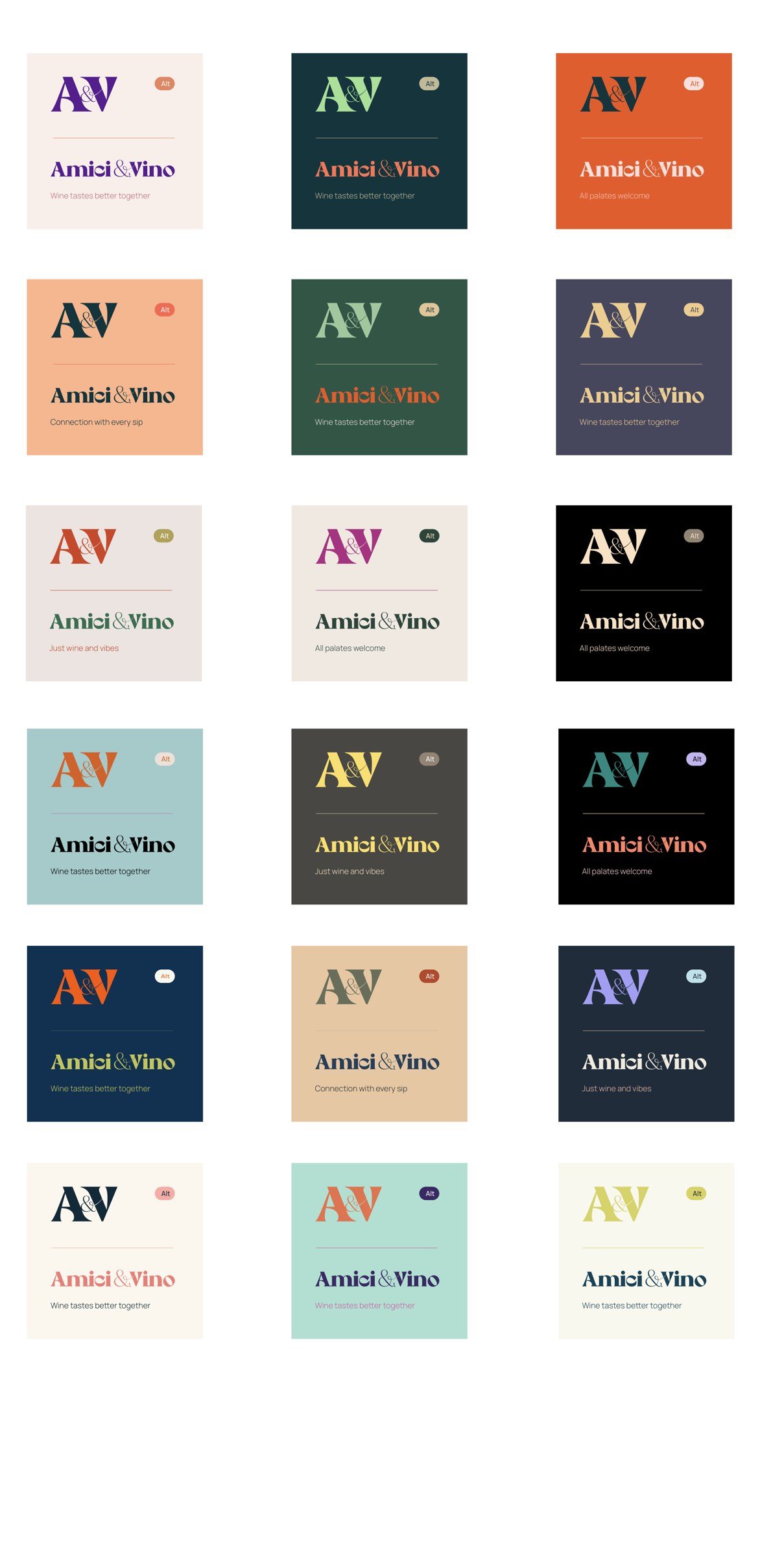 The palette study: the lockup repeated in colourways from blush and orange to deep green, navy and black, each with a short line.