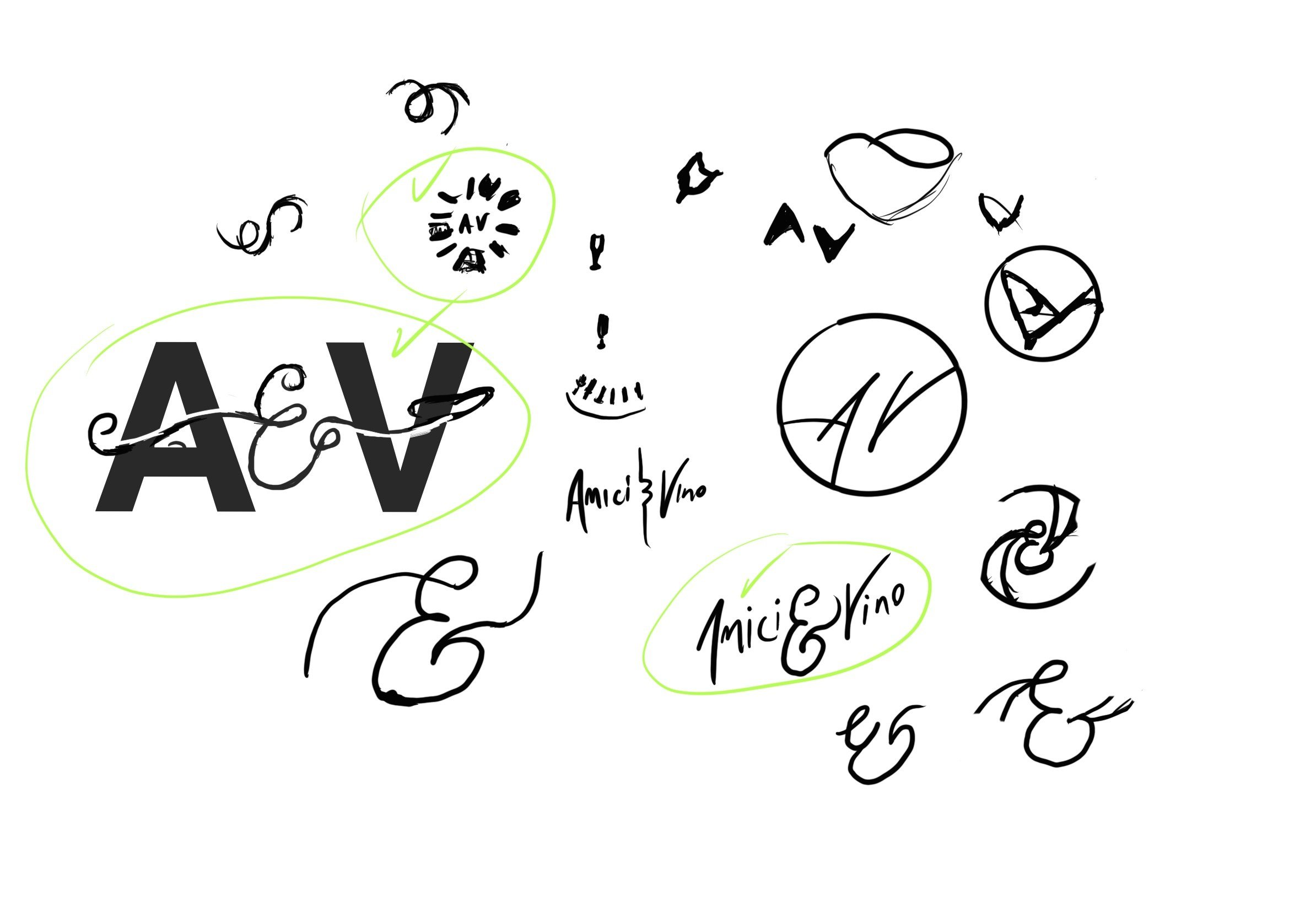 A sketch page: a heavy A and V ligature circled, script ampersands, a wine glass, and an A and V inside a circle.
