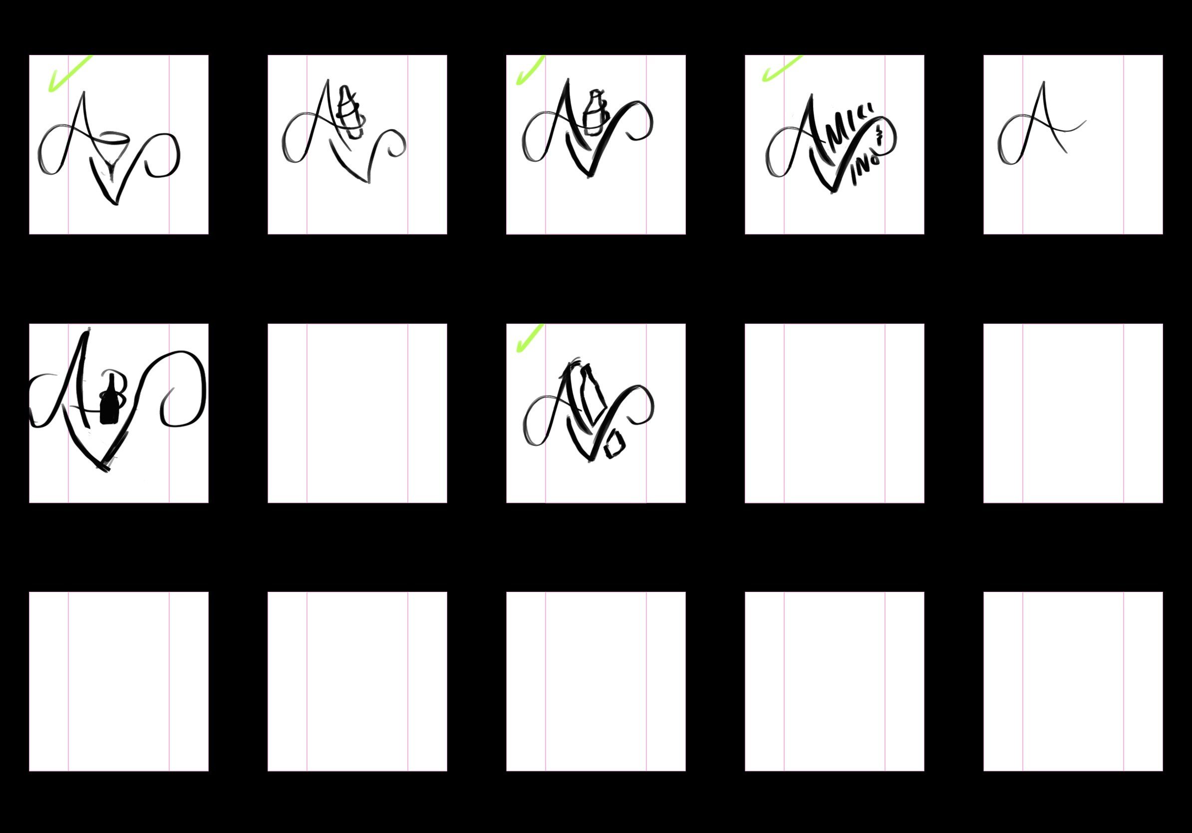A grid of sketch frames: script A and V gestures, some ticked in green.