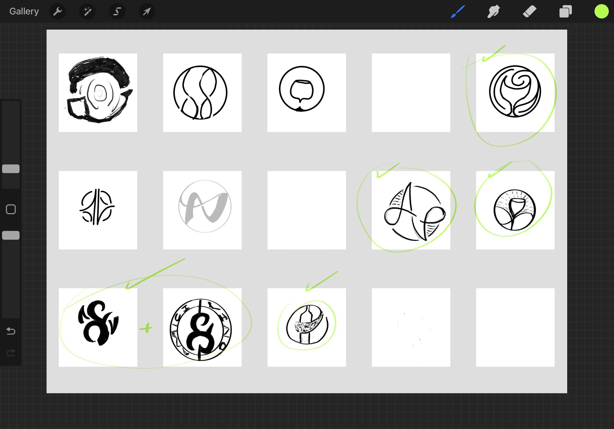 A sketch board of circular marks, several ticked in green: an ampersand, a bottle, the A and V.