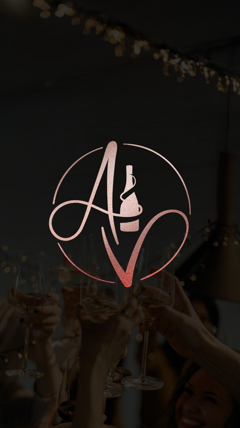 Story format: the foil monogram over a dim toast, string lights above.