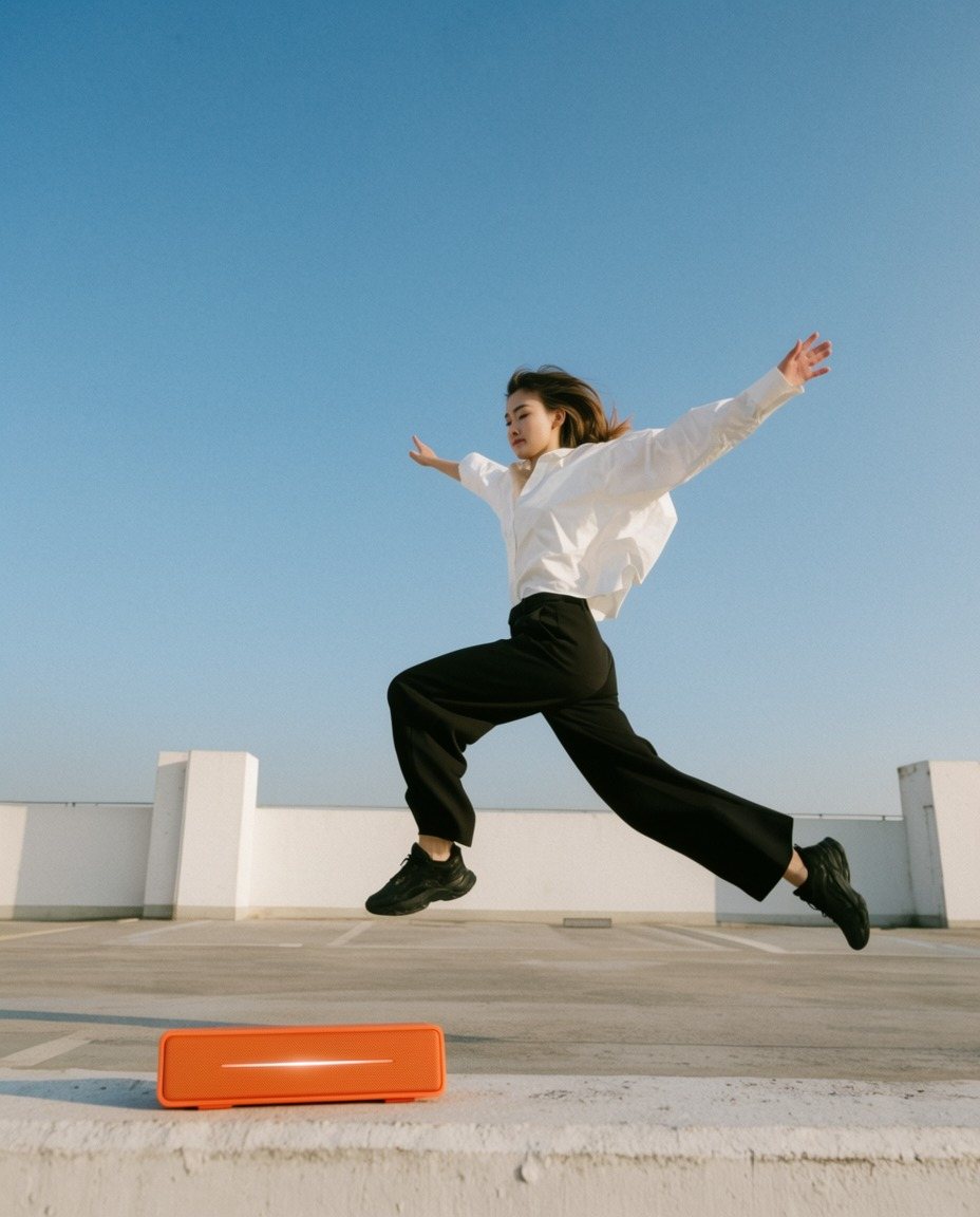 A woman in a white shirt leaping across a rooftop under a blue sky, the orange speaker on the ledge in front
