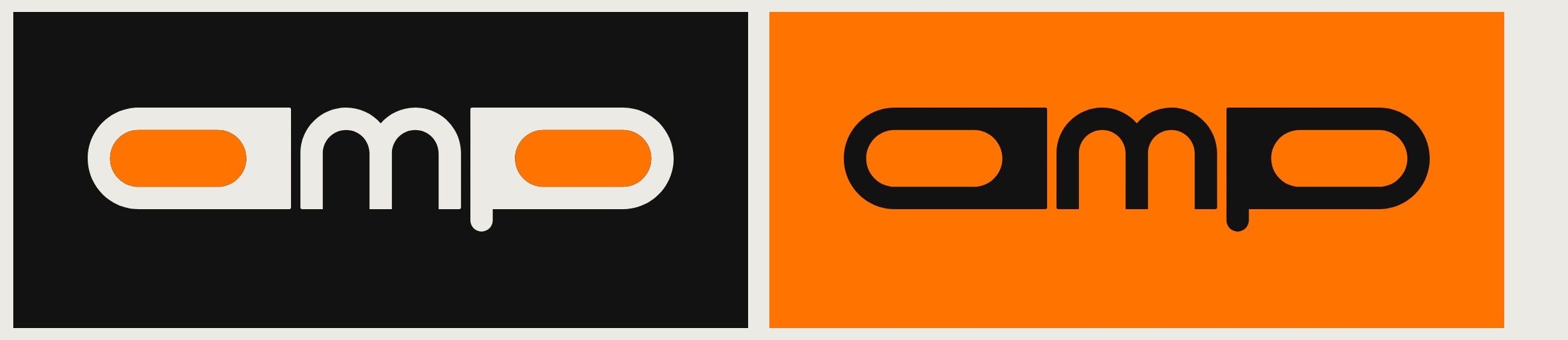 The AMP wordmark in mineral with orange counters on an ink panel, and in ink on an orange panel