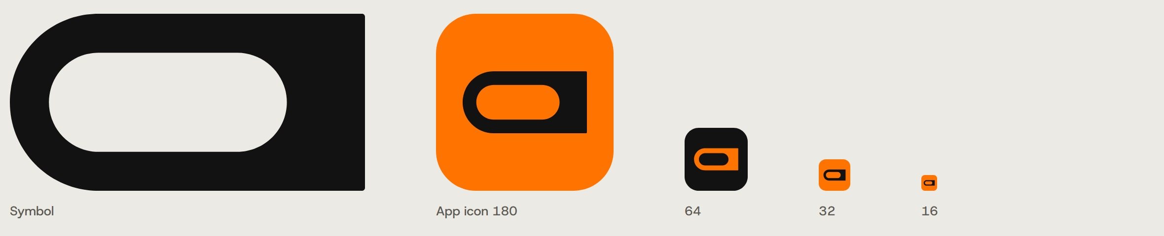 The AMP symbol, the a alone, beside the orange app icon at 180, 64, 32 and 16 pixels