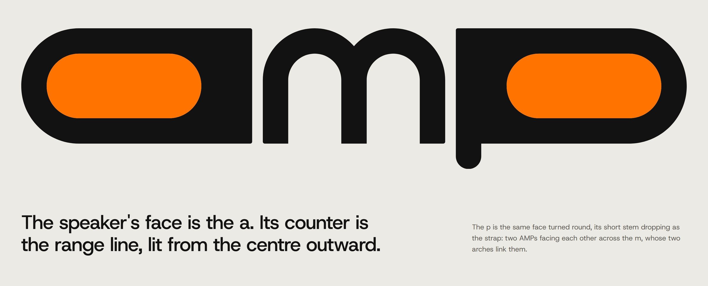 The AMP wordmark, large: a heavy lowercase amp with an arched m, whose a and p have capsule counters filled with orange