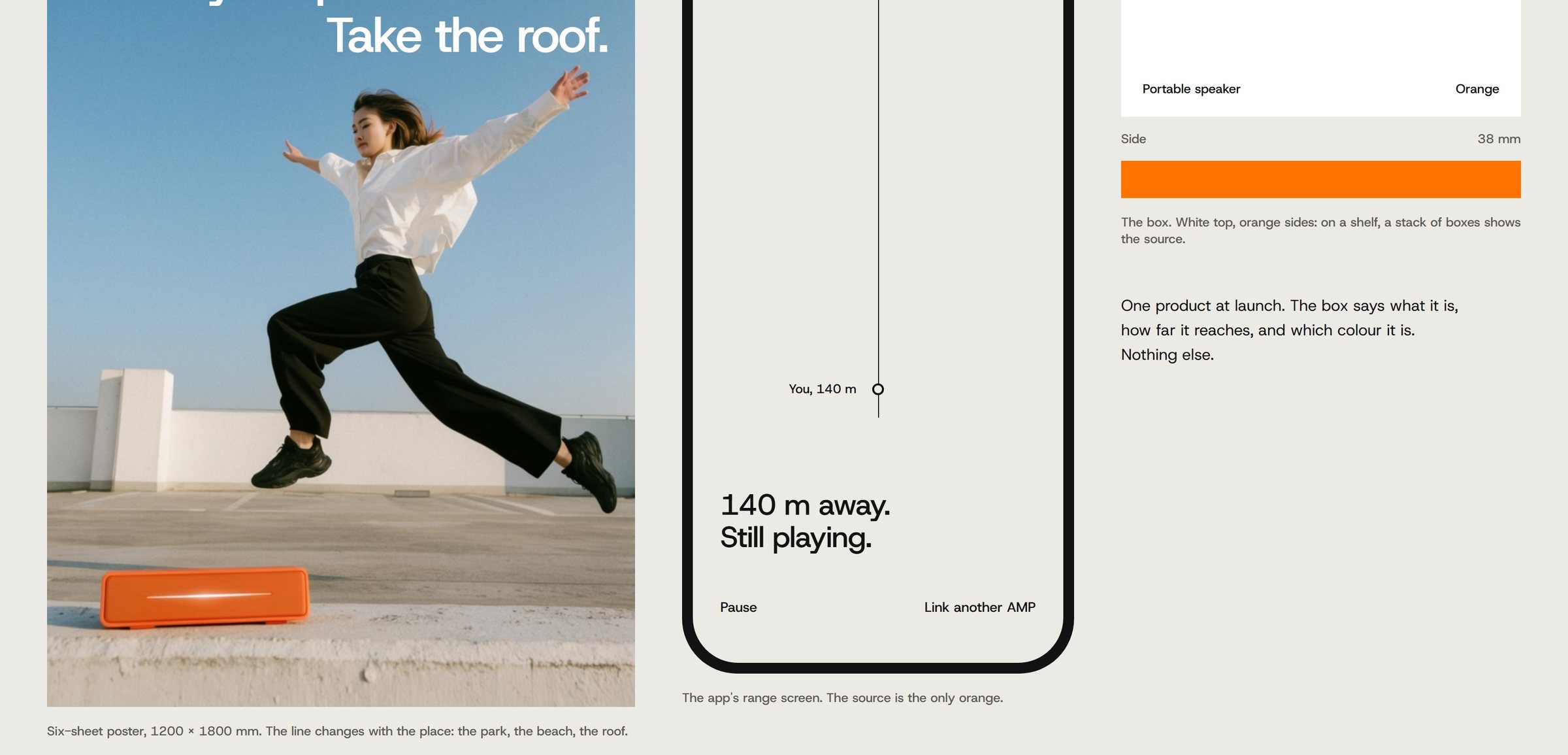 The AMP shop page: a hand lifting the orange speaker by its strap beside the price, specs and the orange colourway