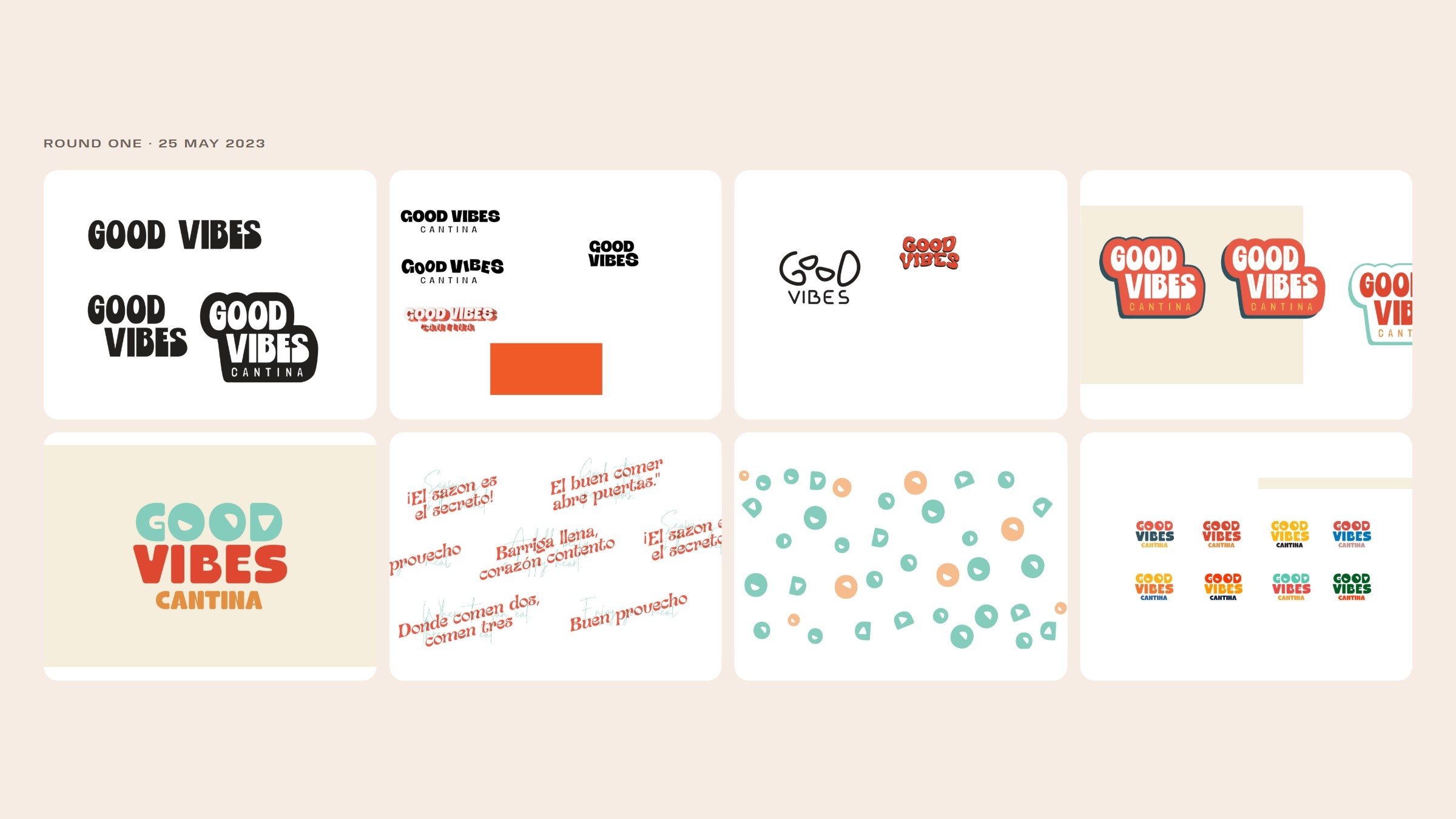 Eight artboards from round one: heavy black Good Vibes lockups, small wordmarks and an orange block, a hand-drawn GooD Vibes, red sticker lockups, the stack in teal, red and amber on cream, Spanish sayings in red script, a confetti of teal and peach circles with wedges cut out, and eight colourways.