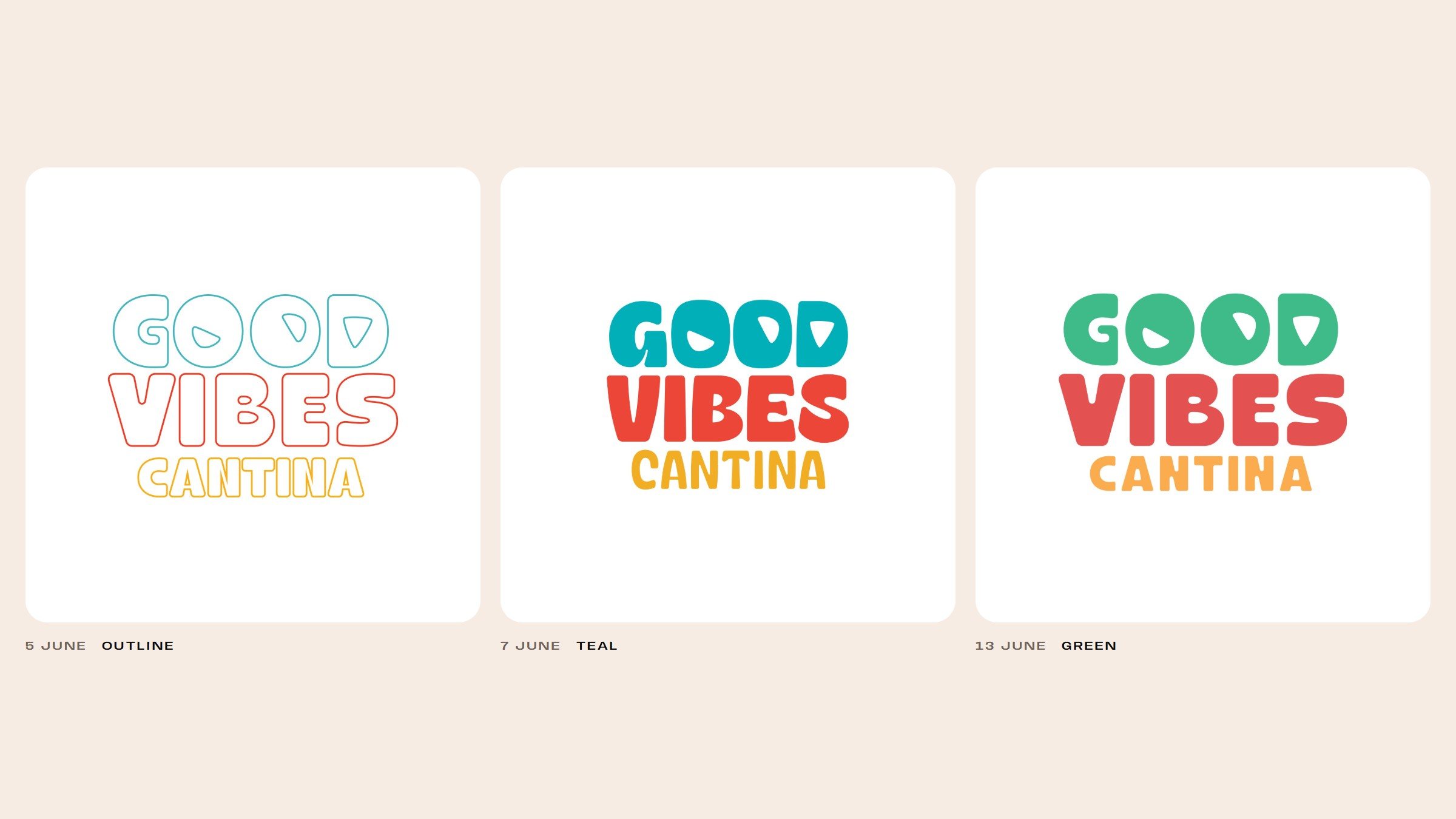 Three versions of the stacked wordmark: in outline on 5 June, in teal, red and amber on 7 June, and in green, red and amber on 13 June.
