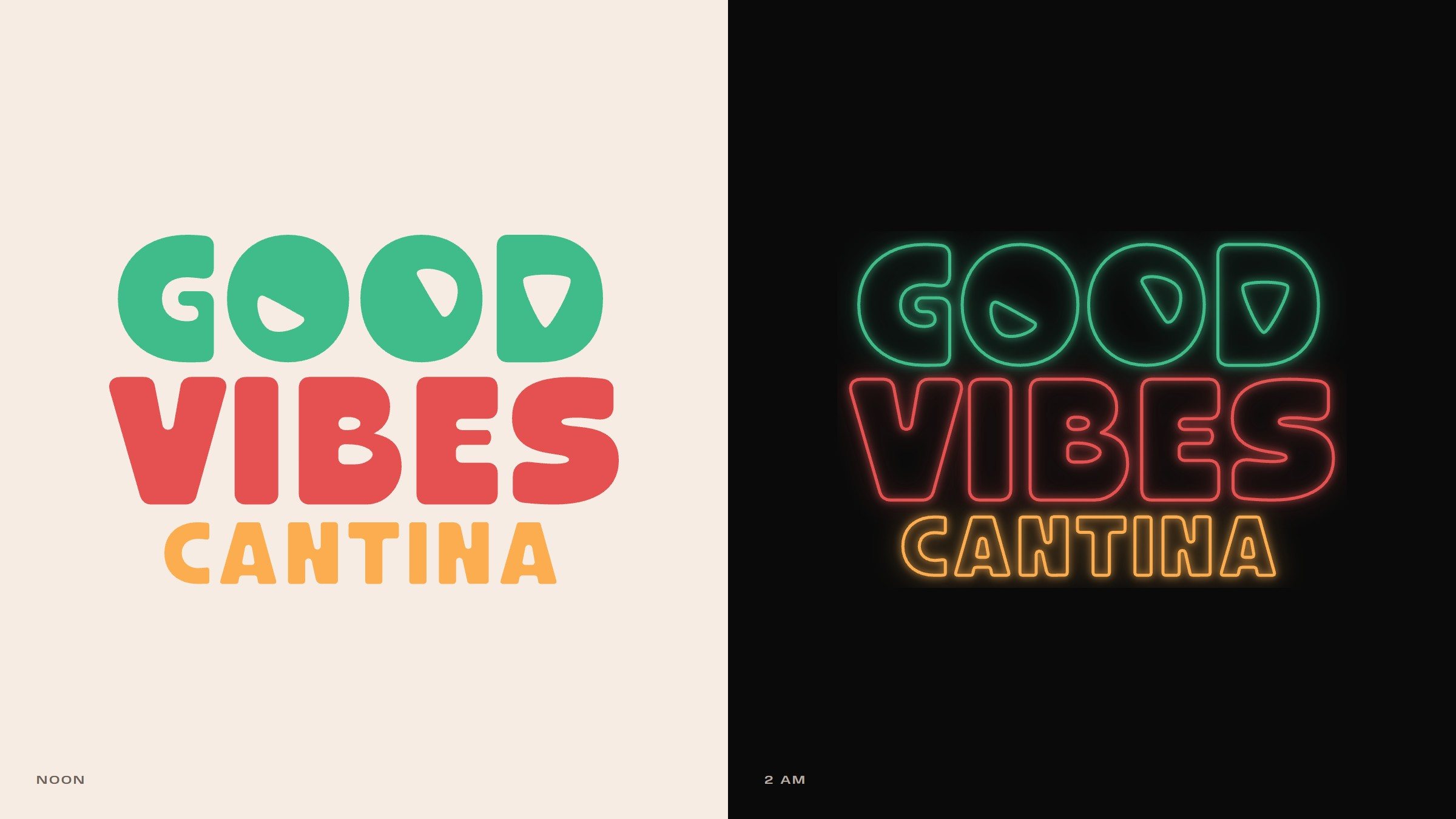 The wordmark twice: in solid green, red and amber on cream, labelled Noon, and as glowing neon tubes on black, labelled 2 AM.