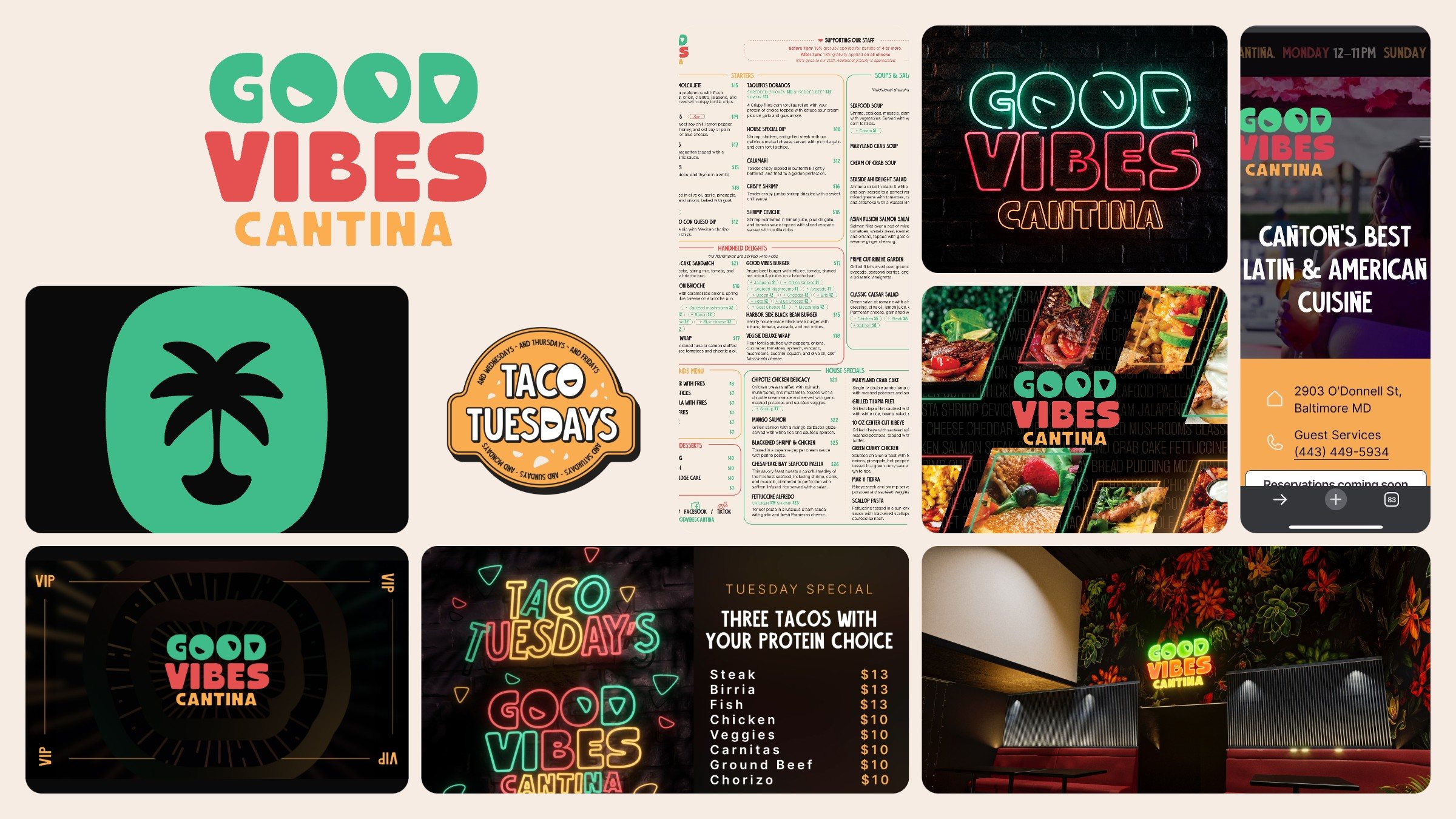 The system at a glance: the wordmark on cream, the main menu, the neon wordmark on brick, the site on a phone, the palm icon, the Taco Tuesdays sticker, the food banner, the VIP card, the Taco Tuesday screen and the rendered dining room.