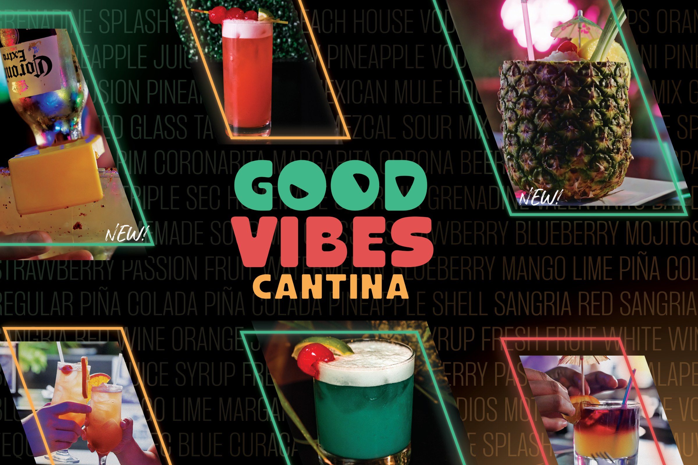 The drinks banner: the wordmark on black, surrounded by photographs of cocktails in slanted green, red and amber frames, over a wall of drink names in grey capitals.
