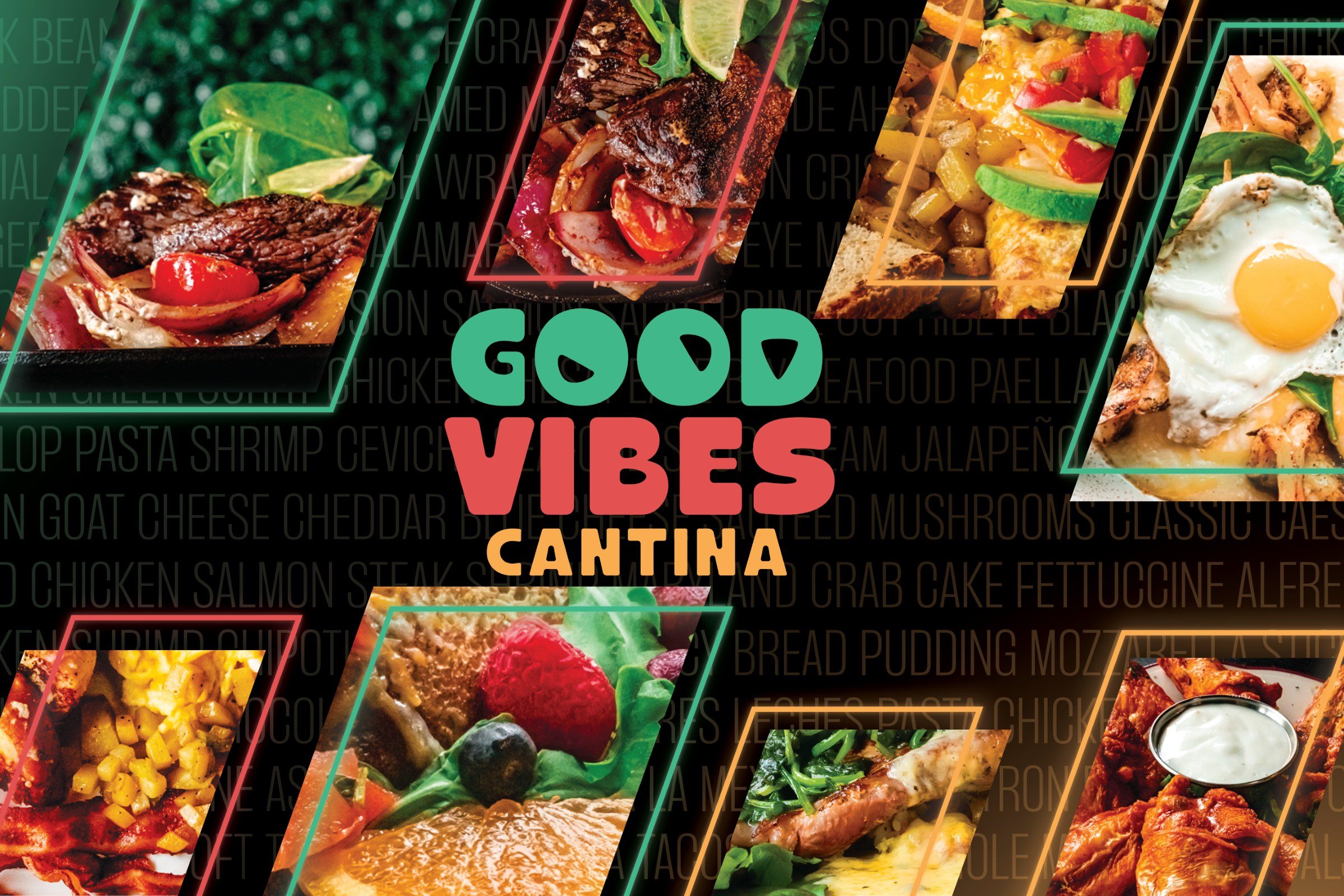 The food banner: the wordmark on black, surrounded by photographs of steak, salads, fries, an egg on a plate and wings in slanted frames, over a wall of dish names.