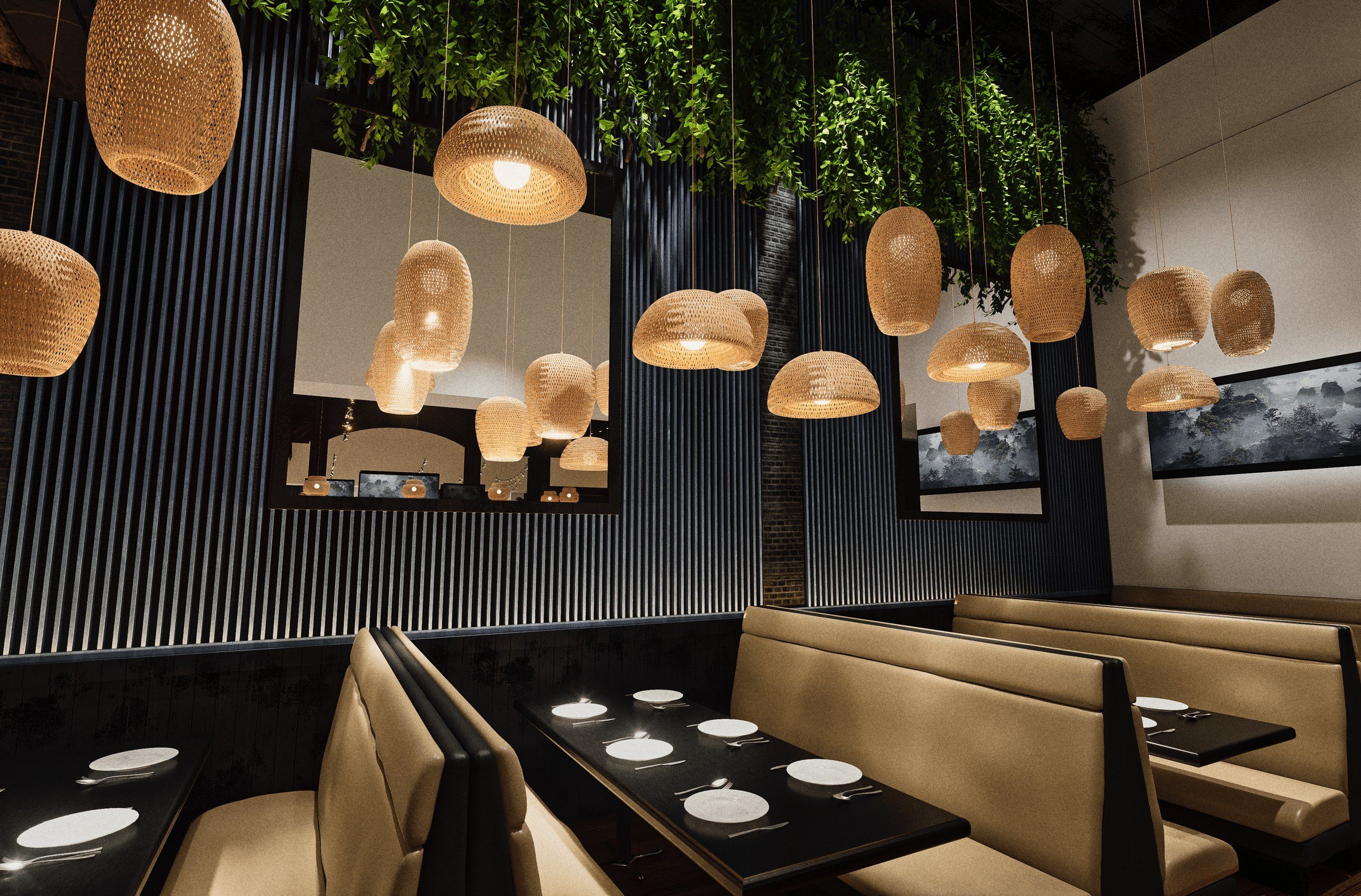 A rendering of the booths: cream banquettes and dark tables under clusters of rattan pendants, a flower wall with a Good Vibes Only neon behind.