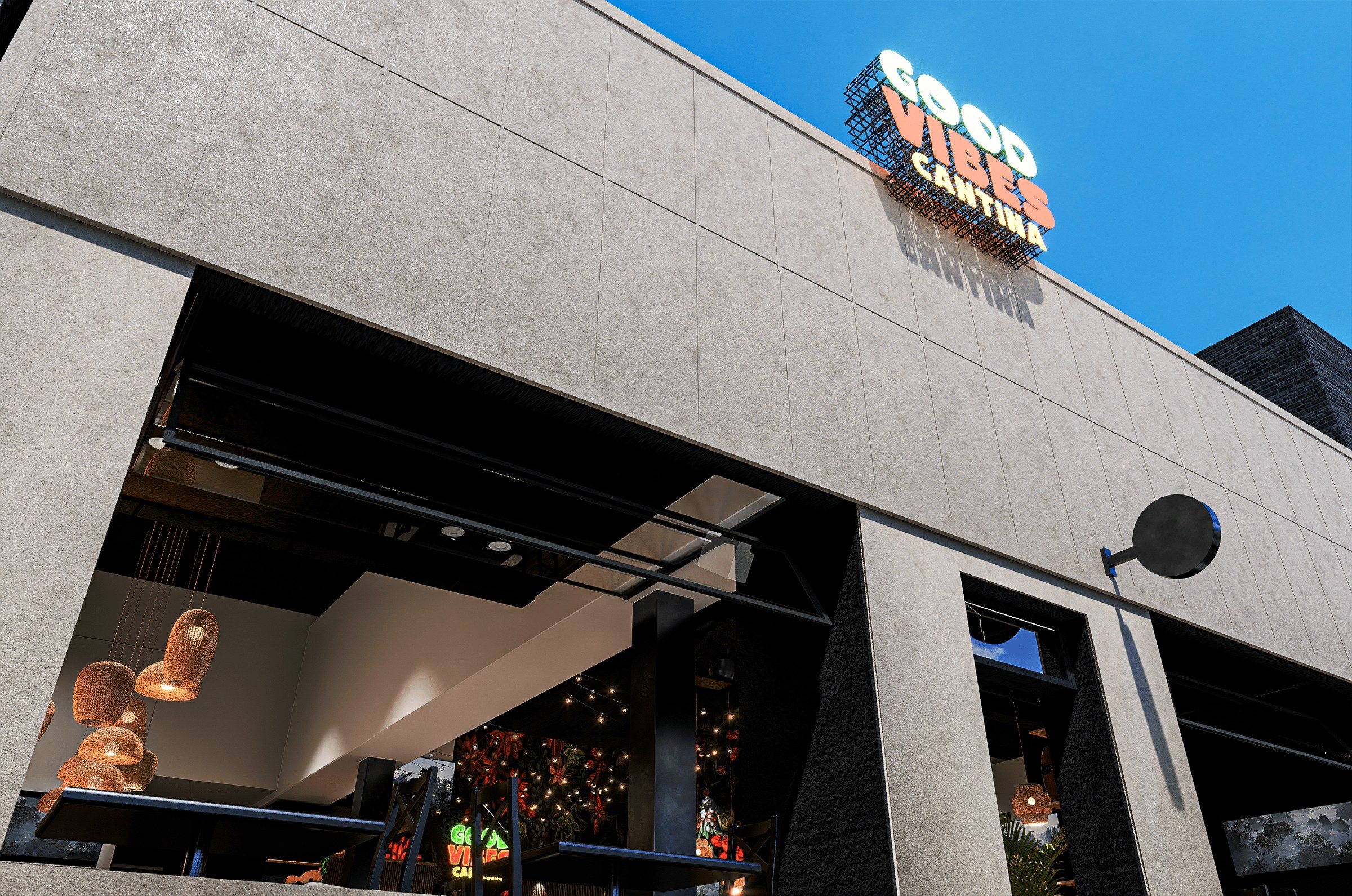 A rendering of the front: a pale concrete façade, open windows with rattan pendants inside, and the wordmark as a sign on the roof against a blue sky.