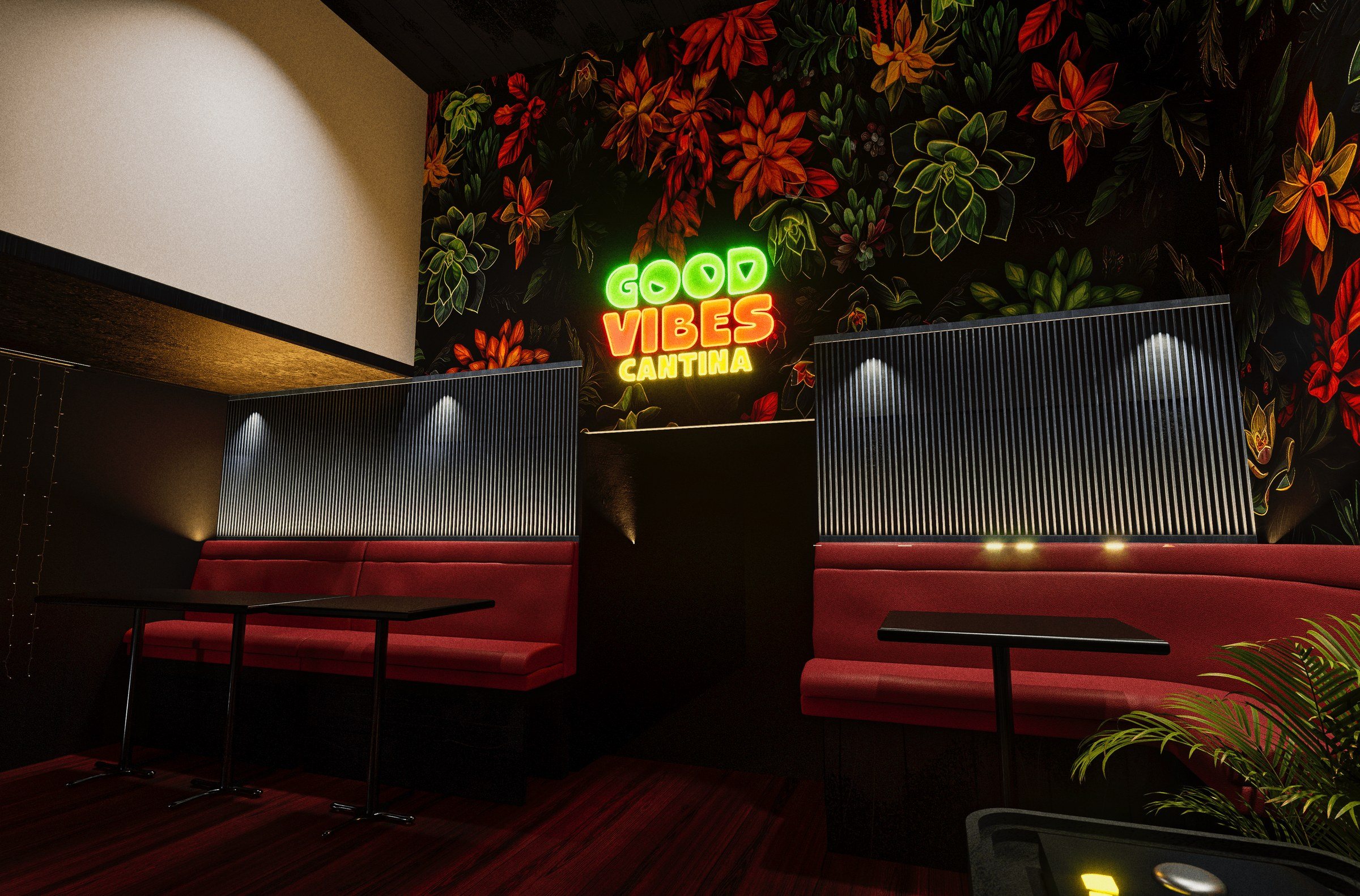 A rendering of the dining room: red banquettes under a mural of red and orange tropical flowers, the wordmark glowing in neon at its centre.