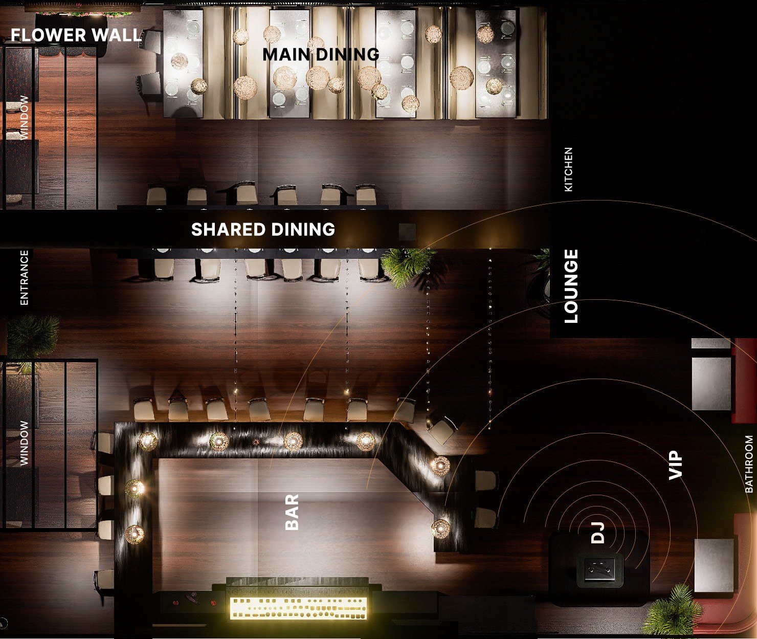 A rendered plan of the room from above, labelled flower wall, main dining, shared dining, lounge, VIP, DJ, bar and entrance.
