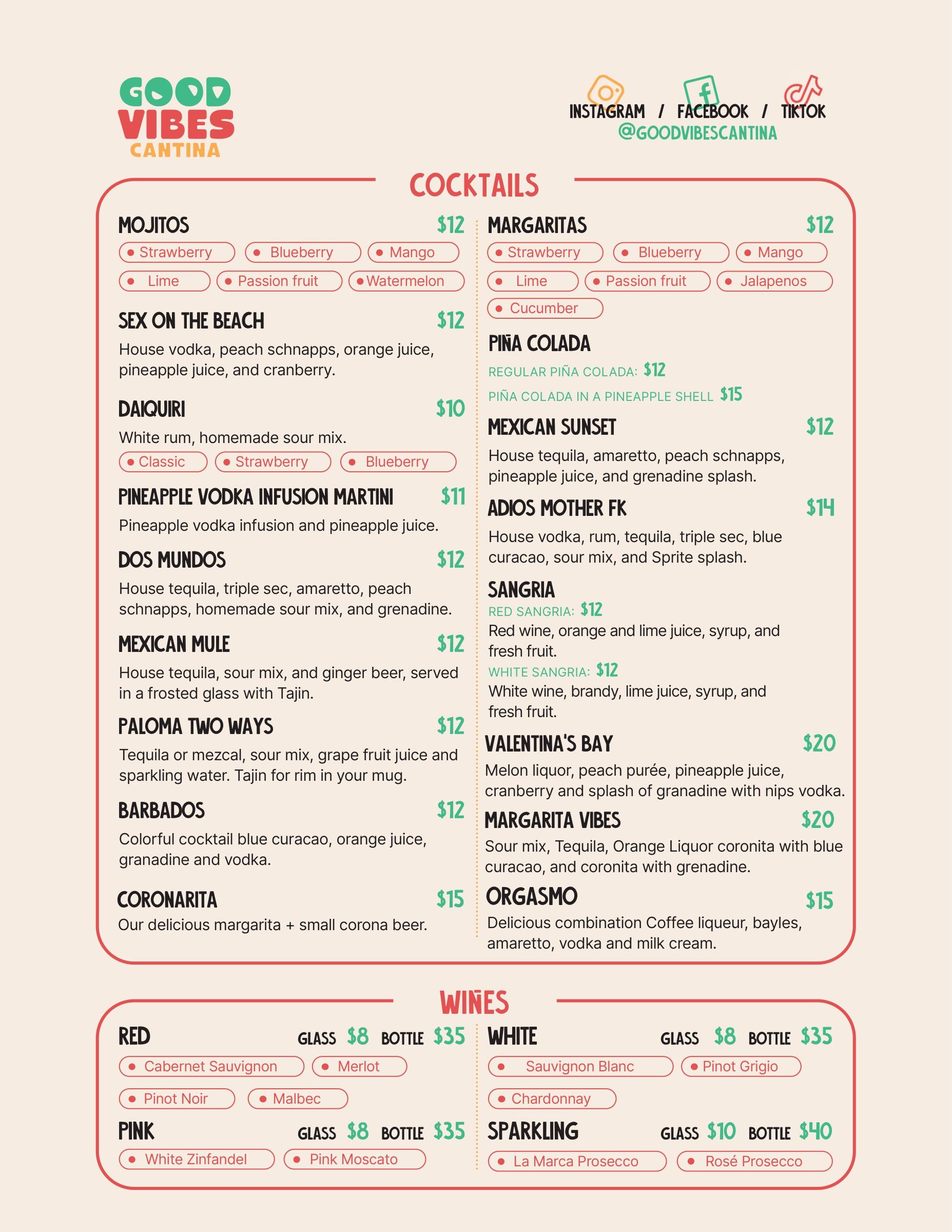 The drinks list: cocktails in a red frame, wines below, the wordmark and social handles at the top.