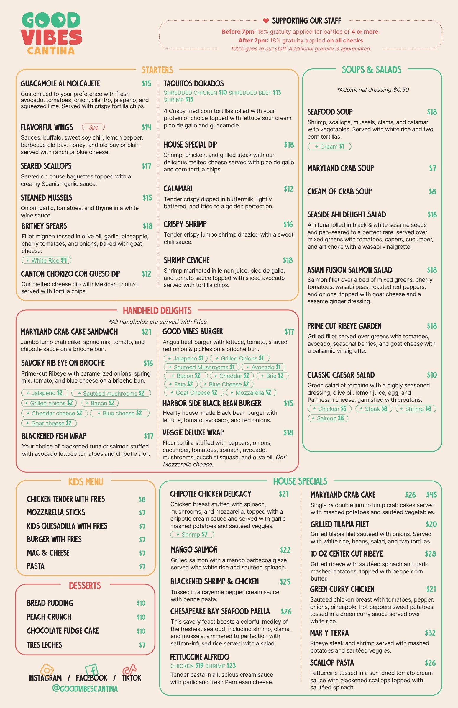 The main menu, front: starters, soups and salads, handheld delights, the kids menu, desserts and house specials in red, green and amber rounded frames on cream.