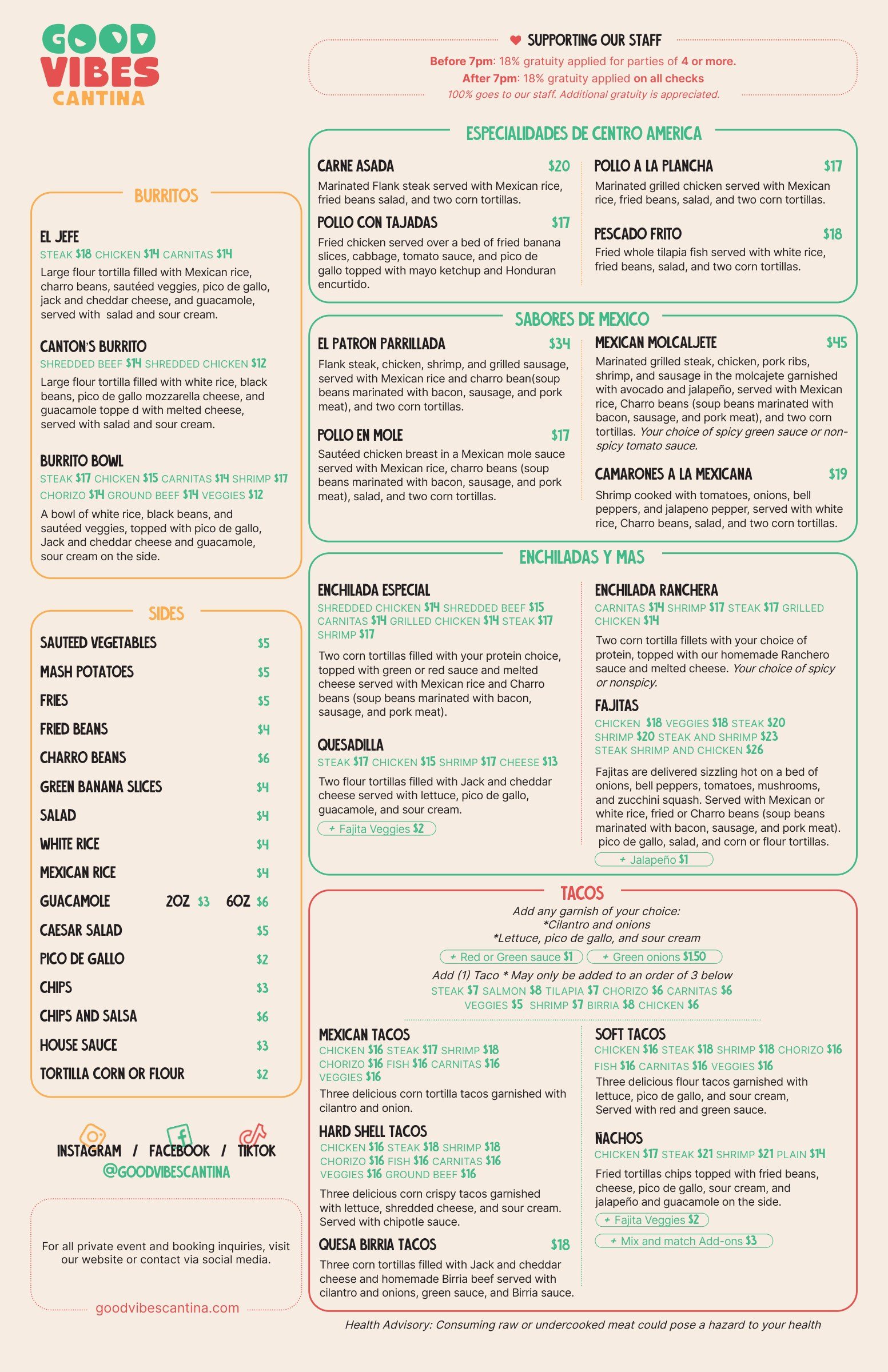 The main menu, back: burritos, sides, Central American specialities, flavours of Mexico, enchiladas and tacos, with prices and choices in small pills.