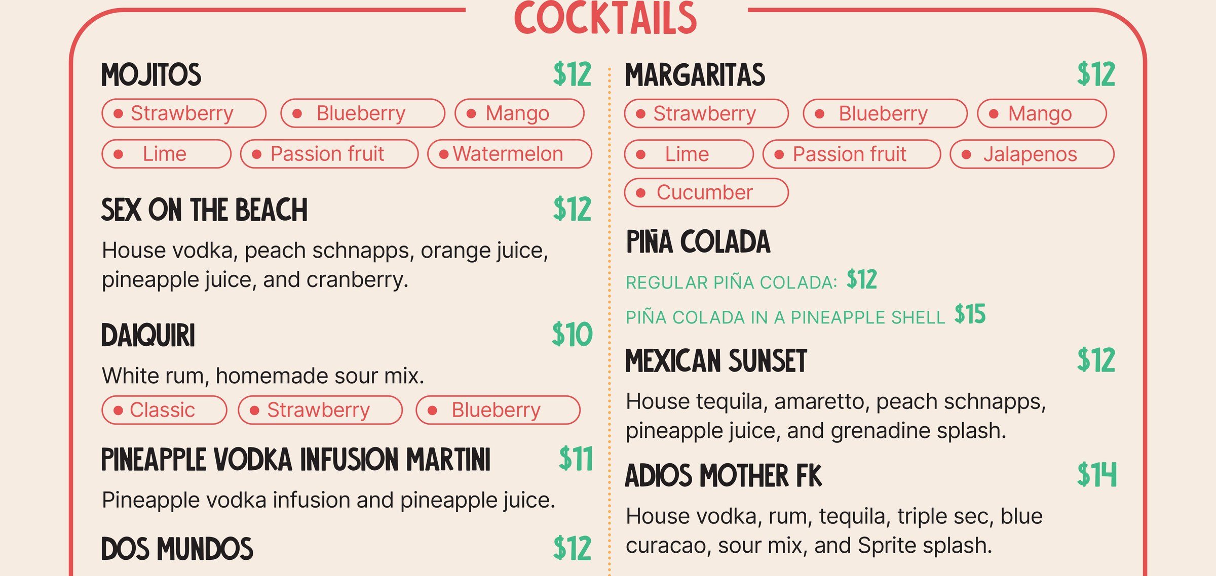 Detail of the drinks list: mojitos and margaritas at 12 dollars, each with its flavours in small outlined pills, strawberry, blueberry, mango, lime, passion fruit and watermelon; below, Sex on the Beach, Daiquiri, Piña Colada and more.