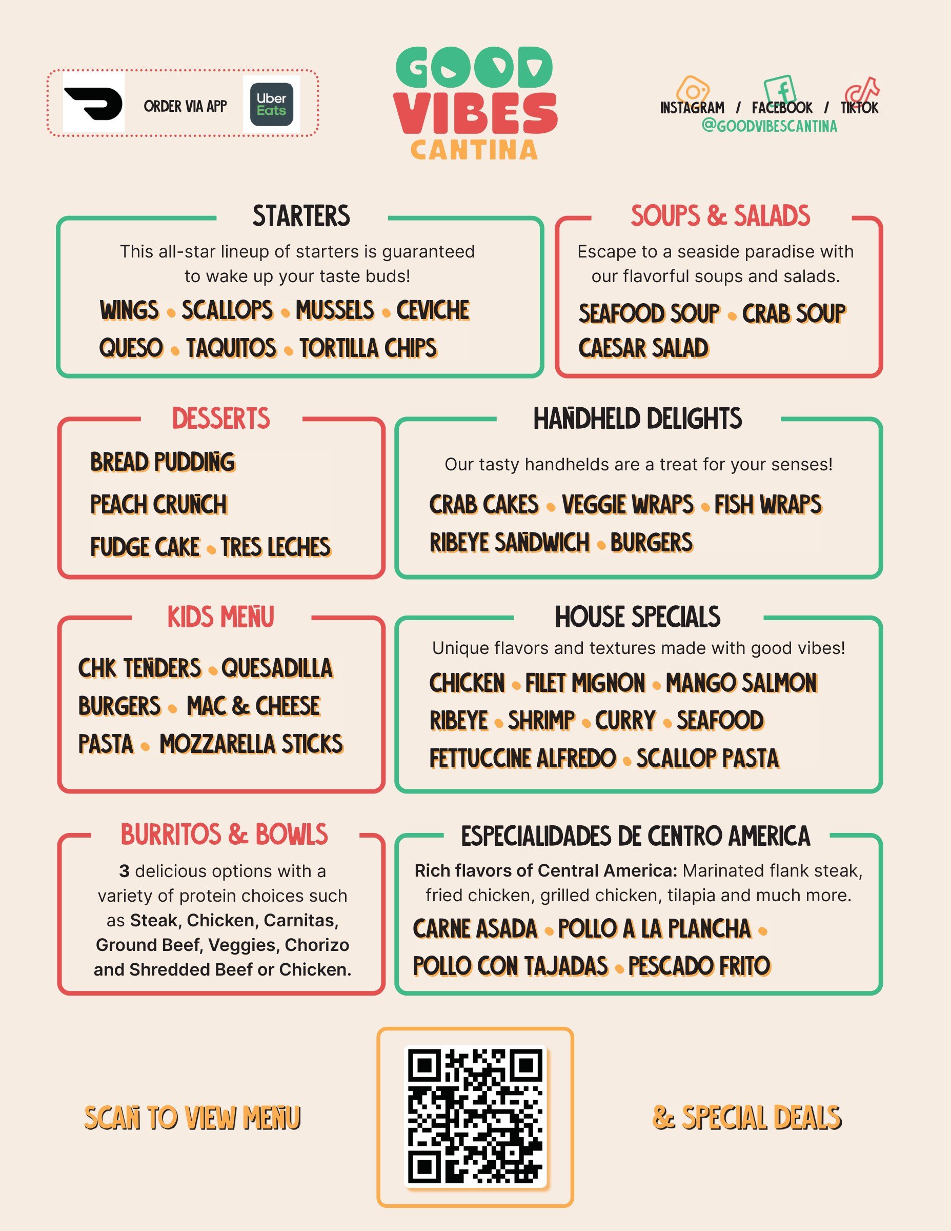 The to-go menu: the categories in coloured frames, delivery app badges at the top and a QR code to scan for the full menu and special deals.