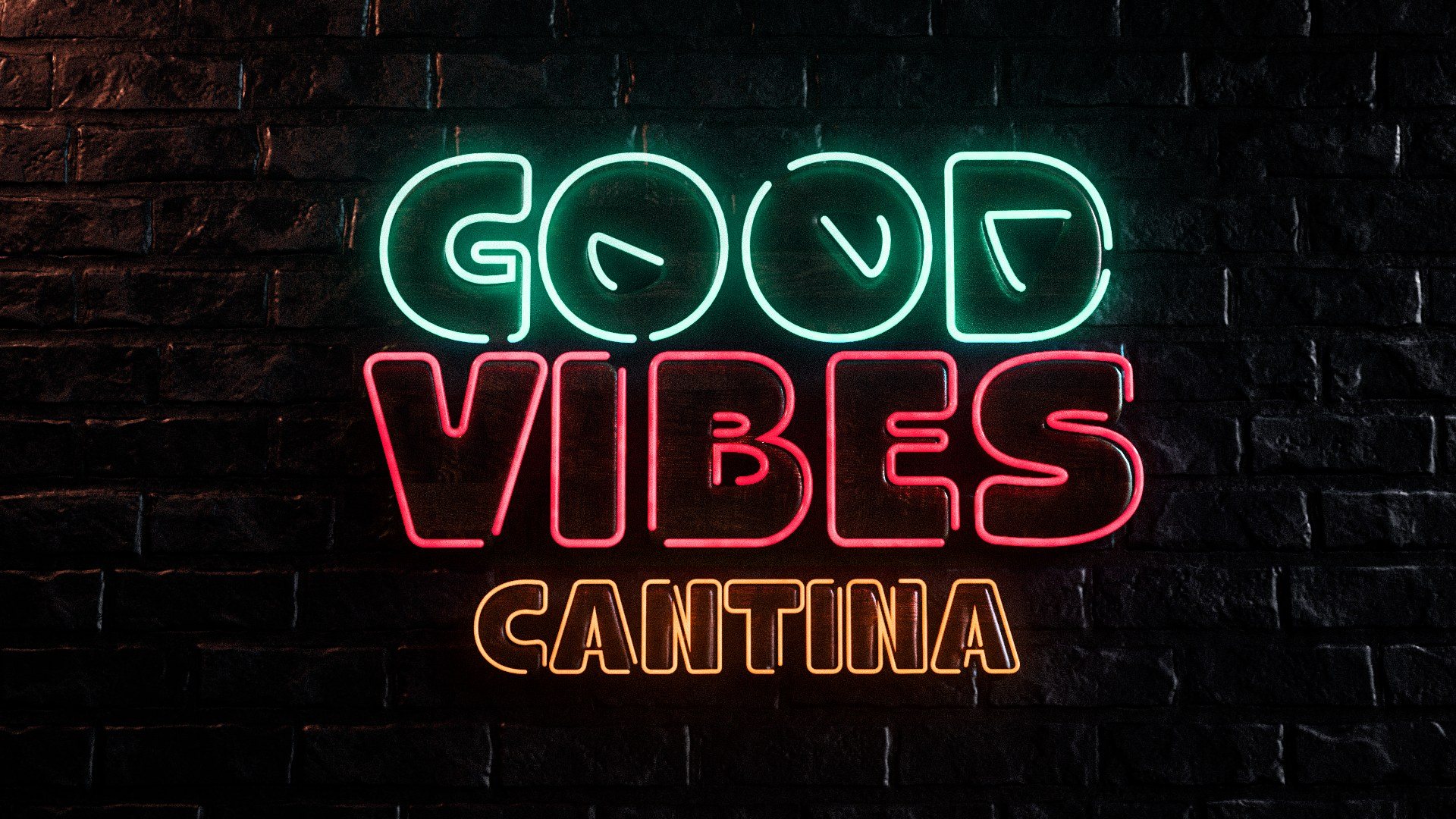 The wordmark as neon tubes in green, red and amber on a dark brick wall.