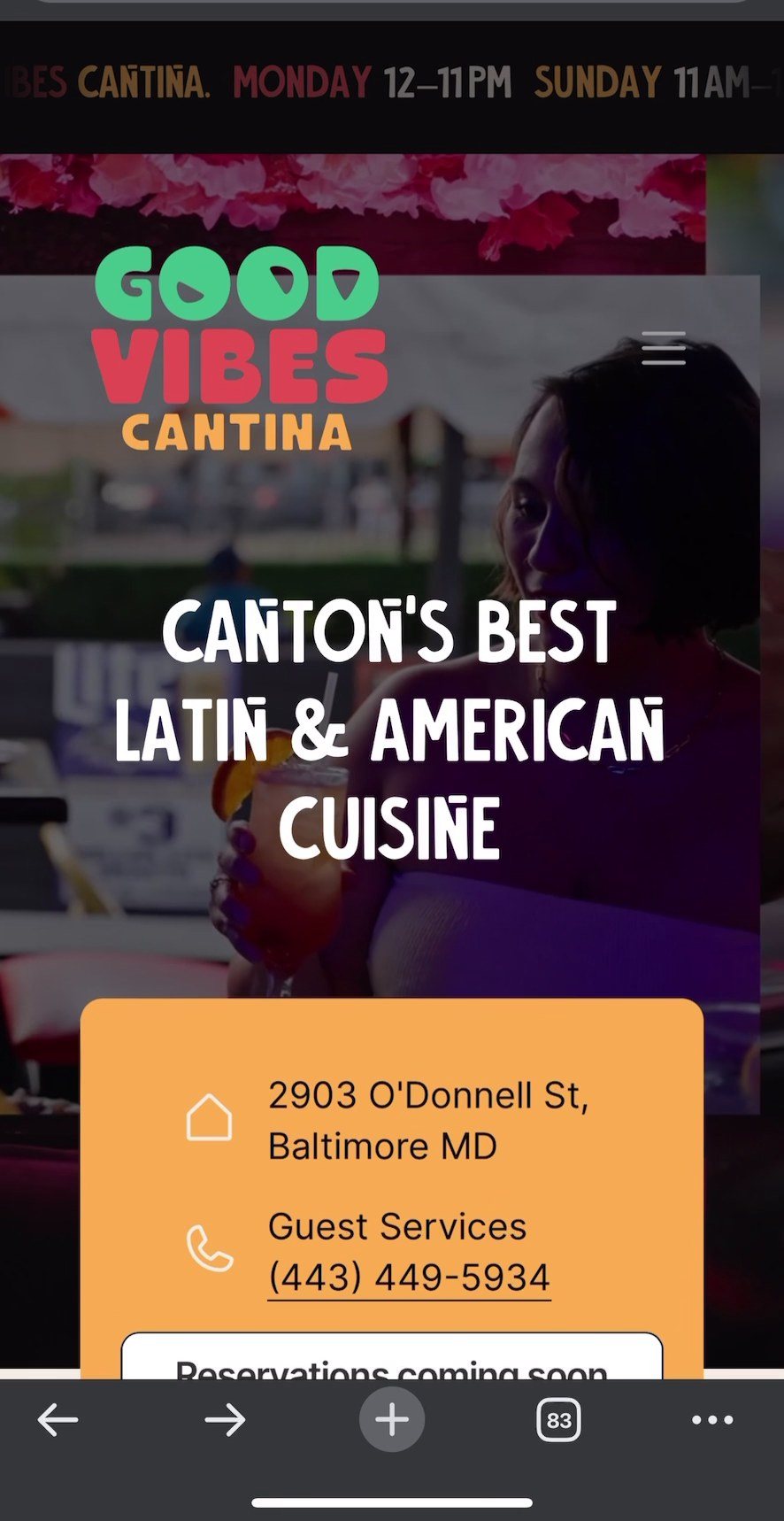 The site on a phone: the wordmark over a dim photograph of the room, Canton’s best Latin and American cuisine, and an amber card with the address and phone number.