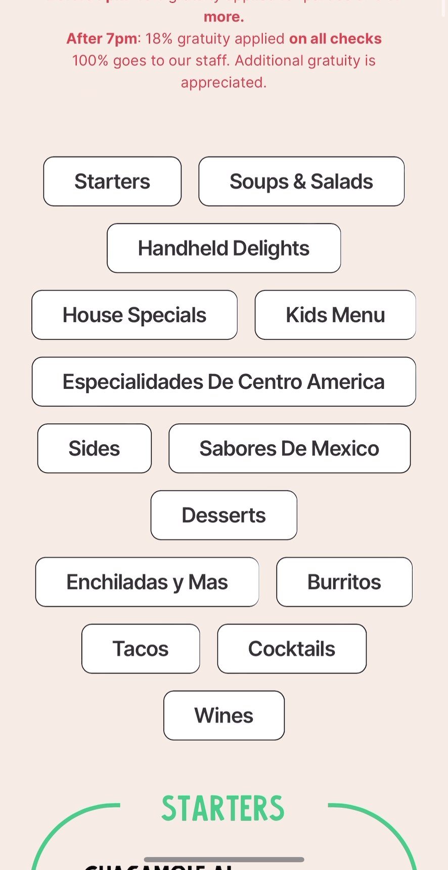 The menu page: the menu categories as outlined pills on cream, from Starters to Wines, above the Starters frame in green.