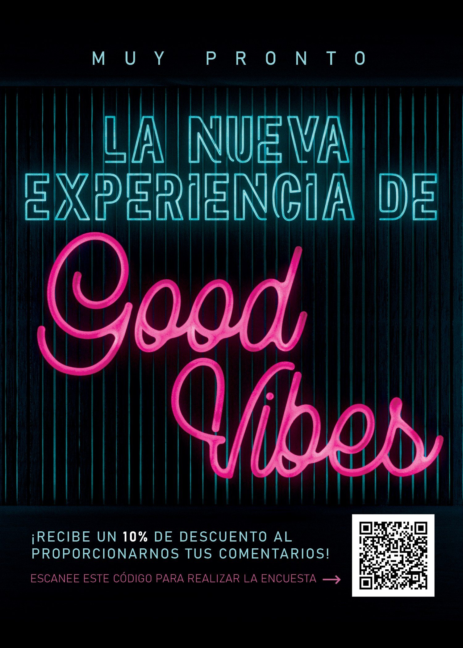 The same card in Spanish: Muy pronto, La nueva experiencia de Good Vibes, with the QR code and the 10 percent offer.