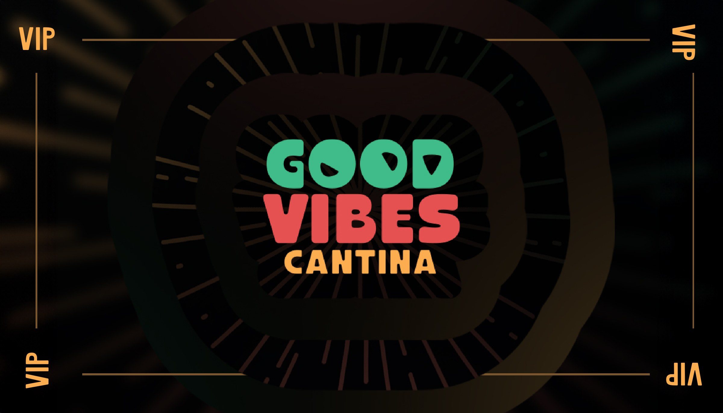The VIP card: the wordmark on black with a burst of faint rays, VIP in amber in each corner.