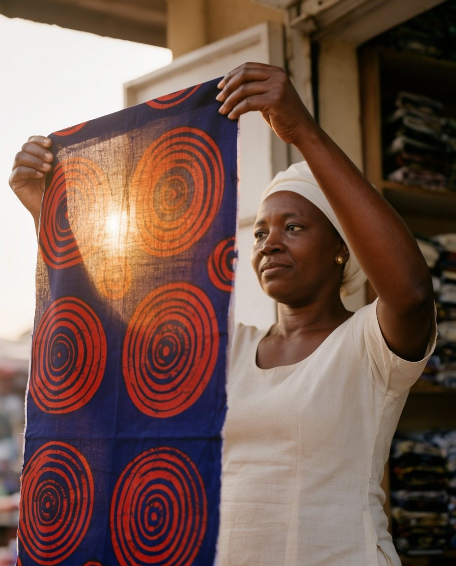 A cloth trader in Lagos holds printed cloth up to the morning sun.