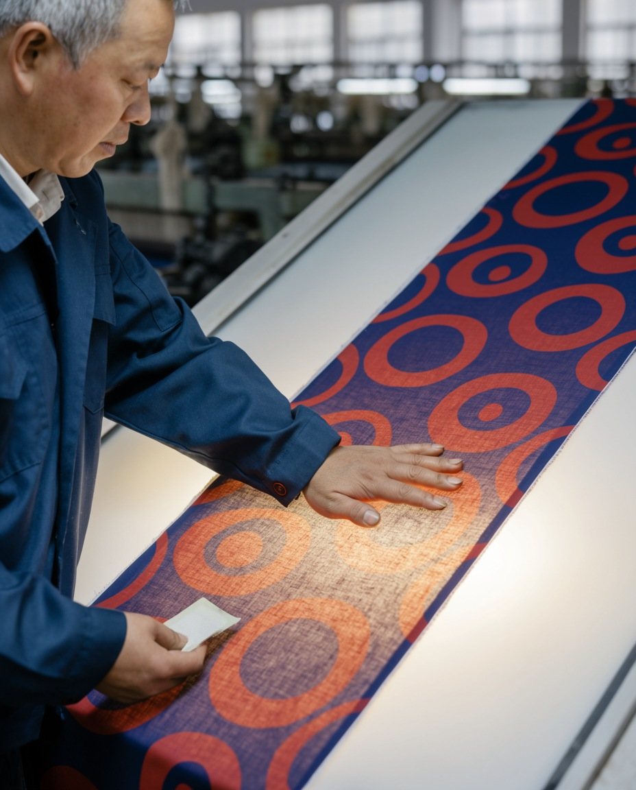 A mill inspector in Keqiao checks the same cloth on a light table.