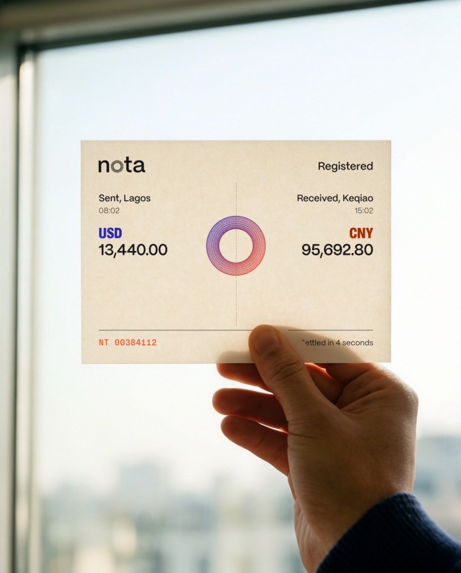A hand holds a printed nota receipt up to an office window; the light shows through the paper.