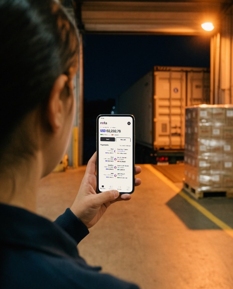 At a loading dock at night, a woman checks her phone: the nota payments list shows every payment from both ends.