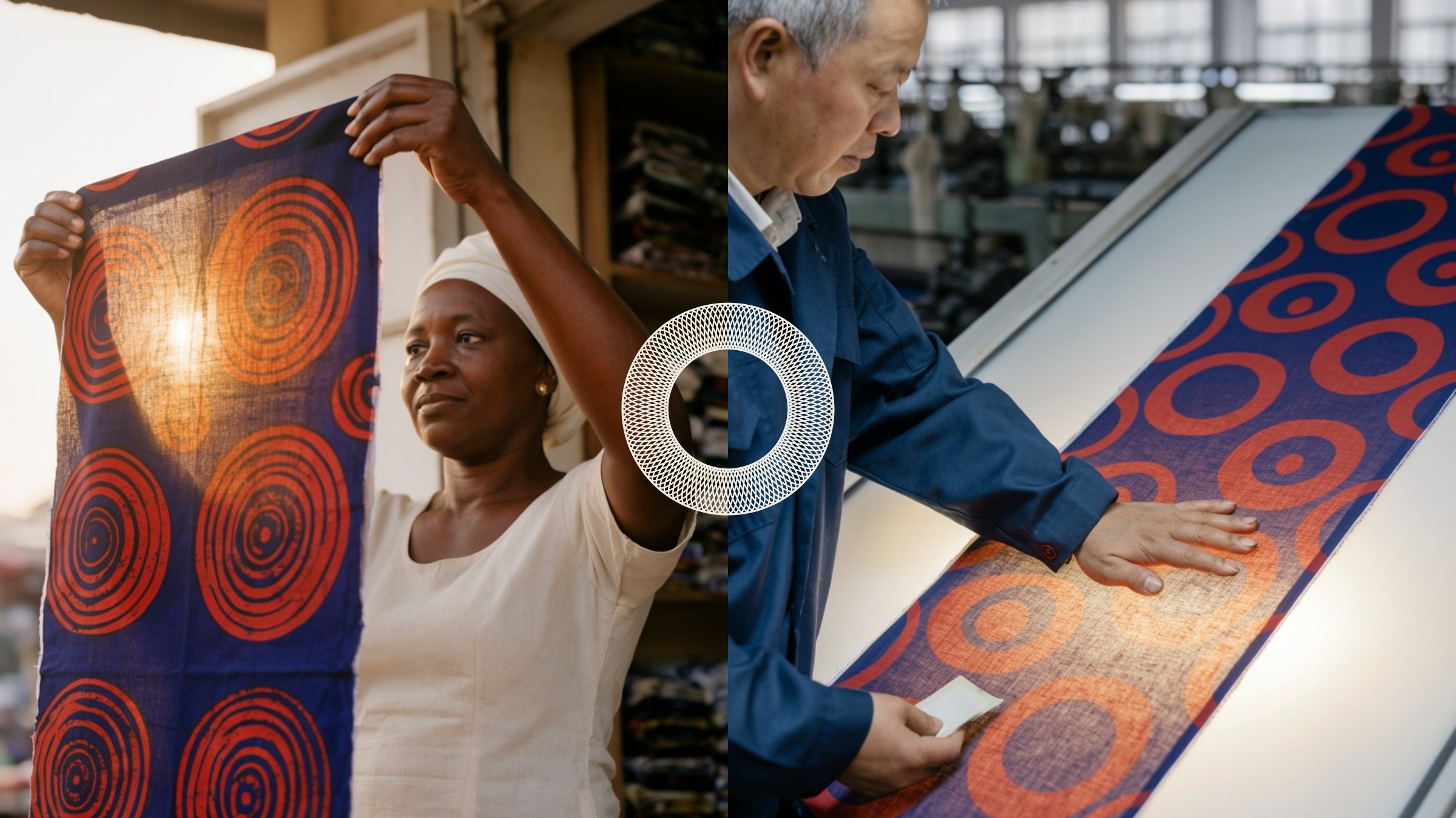 A cloth trader in Lagos holds printed cloth to the morning sun; a mill inspector in Keqiao checks the same cloth on a light table; between them, on the seam, the nota ring registers.