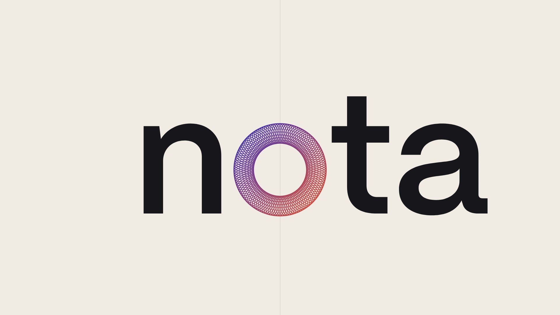 The nota wordmark on cotton, its o a guilloché ring printed ultramarine into vermilion, sitting on the page's centre line.