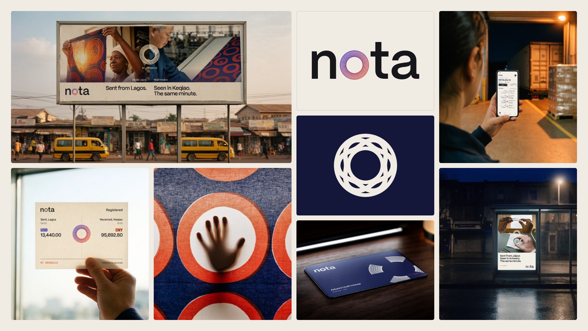 The system at a glance: the Lagos billboard, the wordmark, the phone at the dock, the app icon, the receipt at the window, the view through the cloth, the card and the Antwerp shelter.